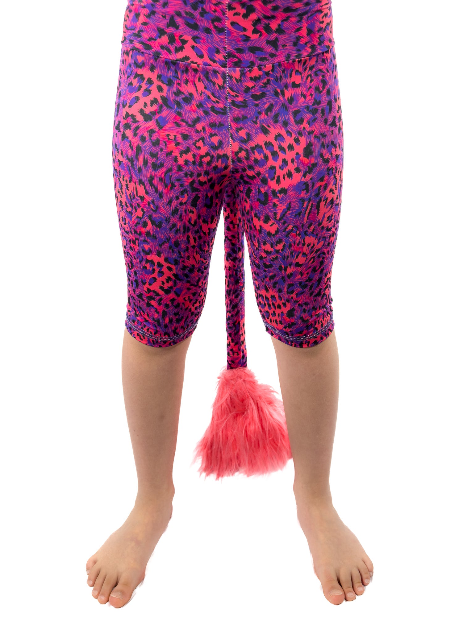 Front view of Tailys, girls shorts, blue red leopard print leggings tail pants.