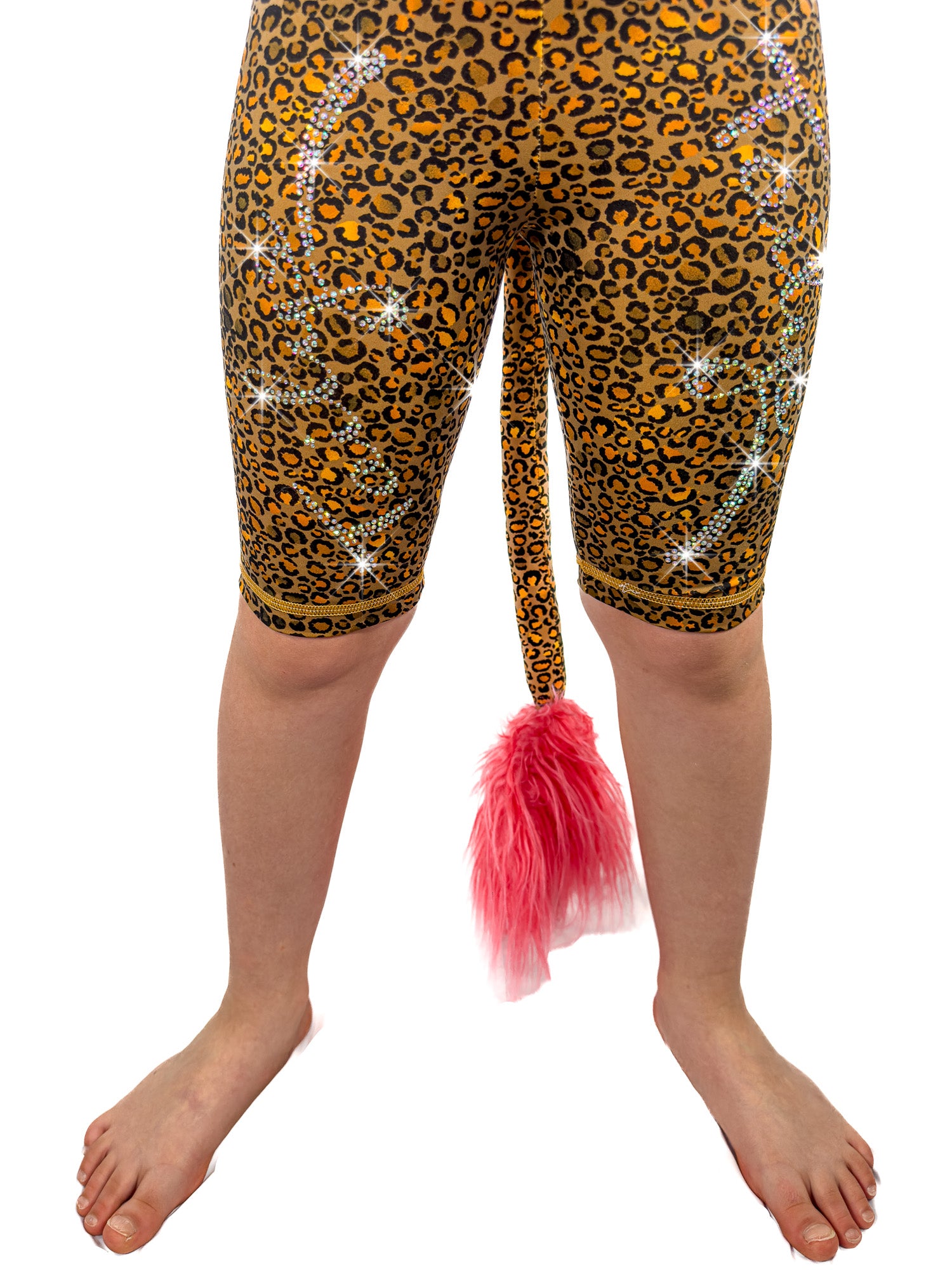 Front view of Tailys sparkly rhinestone shorts for girls, brown cheetah print leggings tail pants.