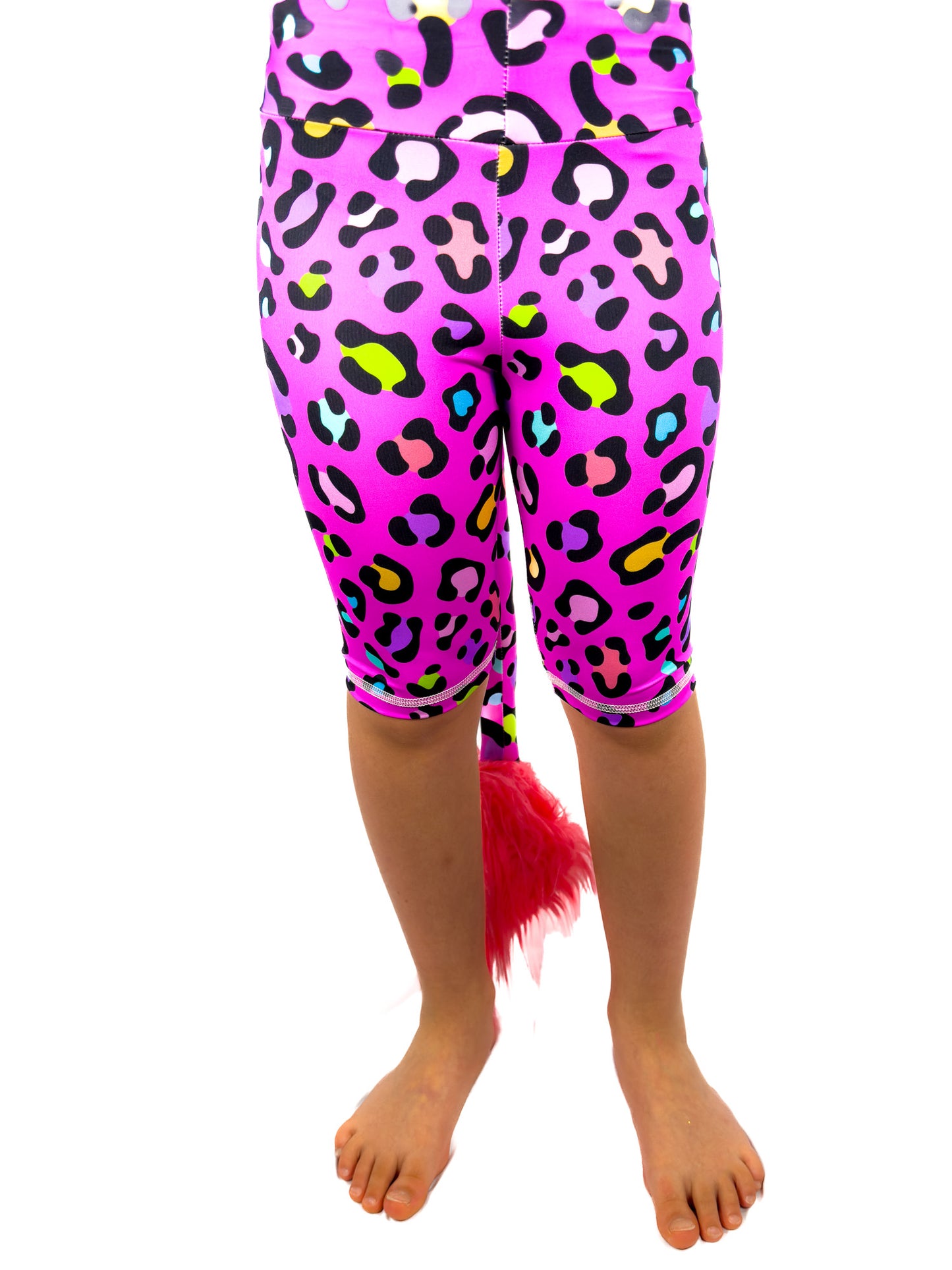 Front view of Tailys cute shorts for girls leopard print pink leggings tail pants.