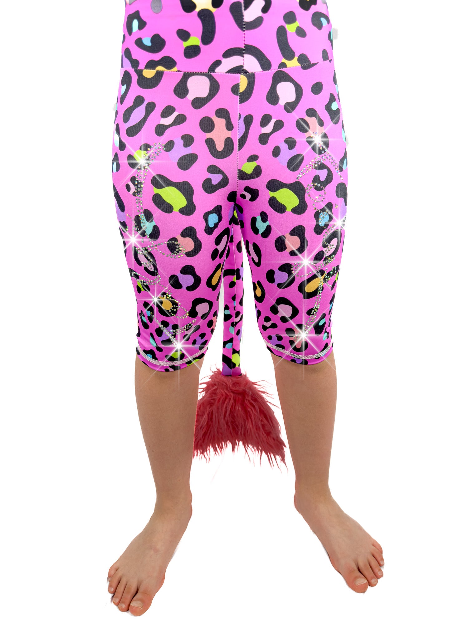 Front view of Tailys sparkly rhinestone shorts for girls leopard print pink leggings tail pants.