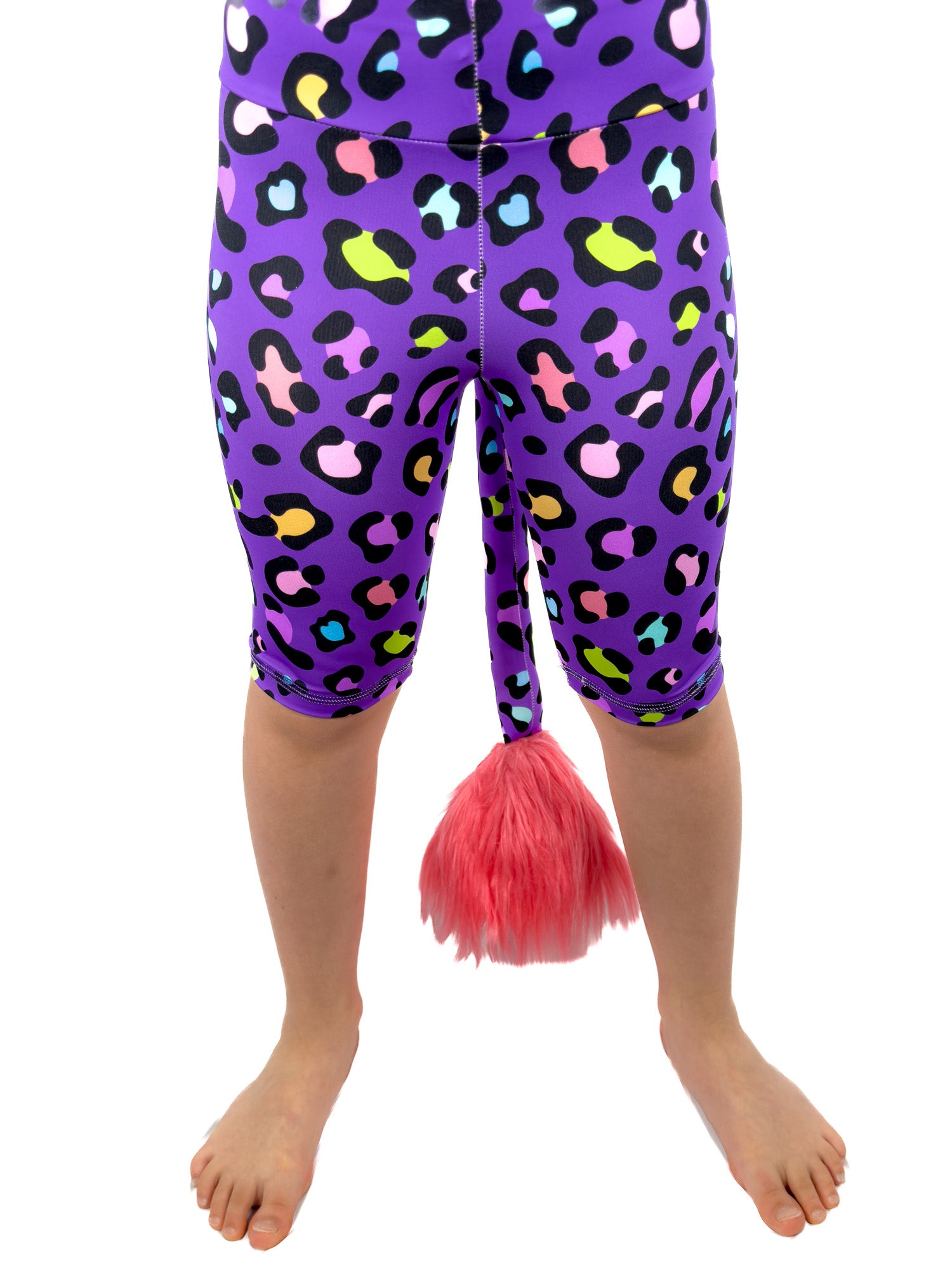 Front view of Tailys cute shorts for girls purple leopard print leggings tail pants.