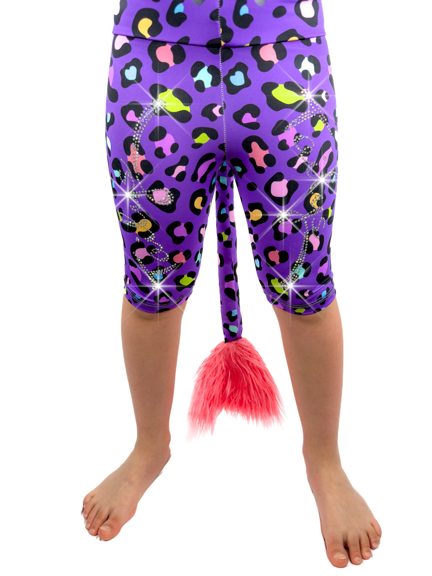 Front view of Tailys sparkly rhinestone shorts for girls purple leopard print leggings tail pants.