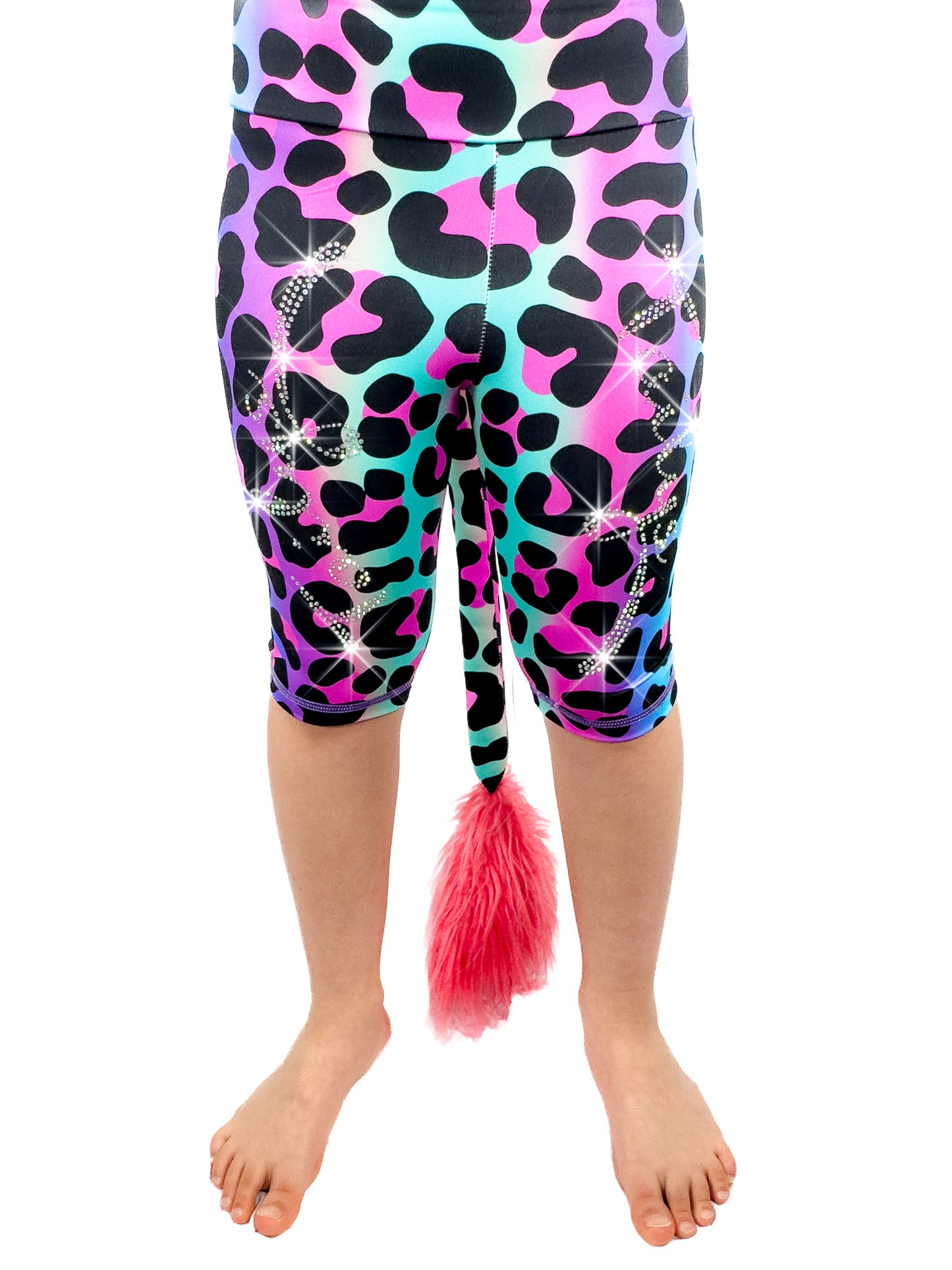 Front view of Tailys sparkly rhinestone shorts for girls rainbow leopard leggings tail pants.