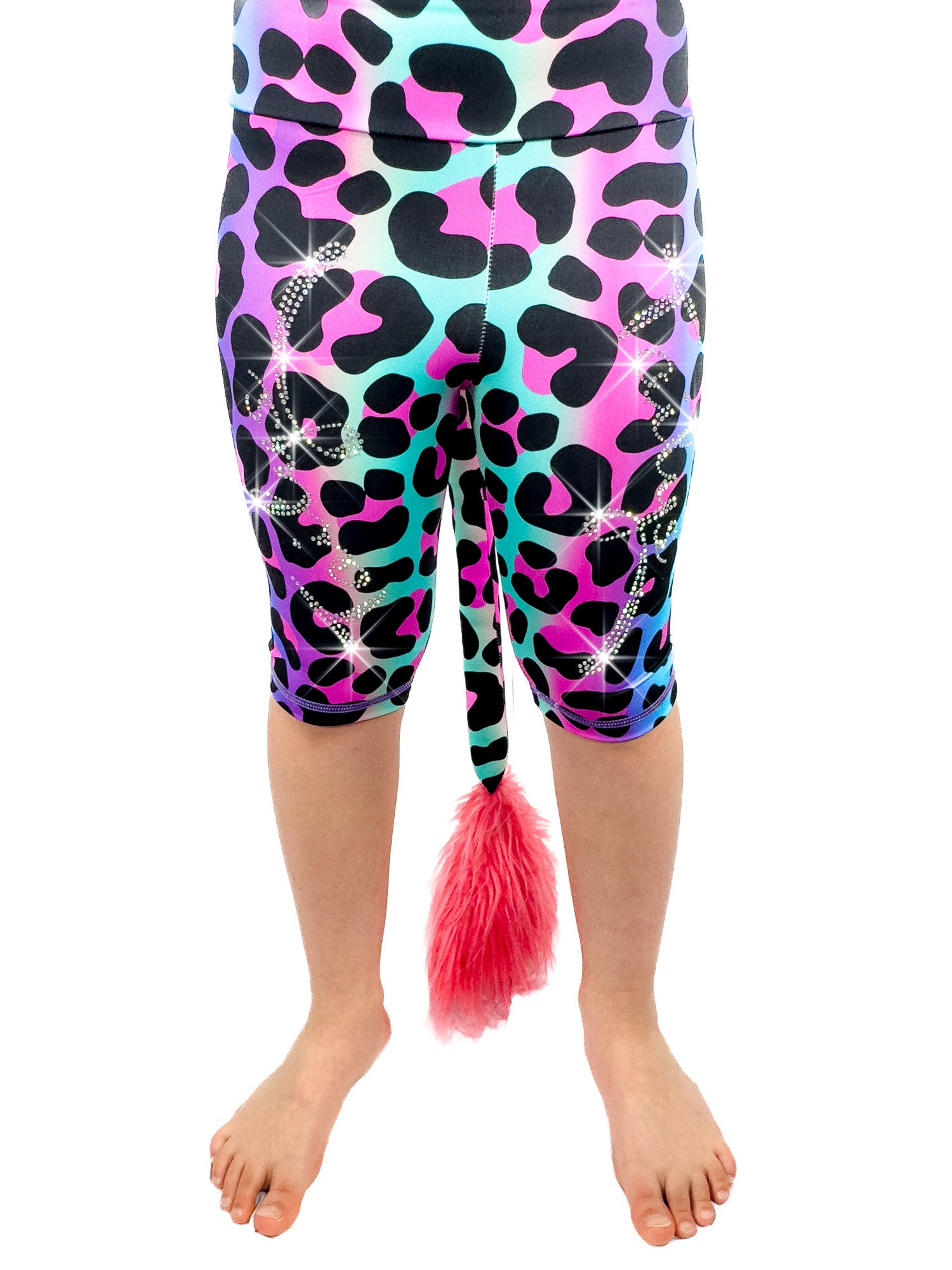 Front view of Tailys sparkly rhinestone shorts for girls rainbow leopard leggings tail pants.