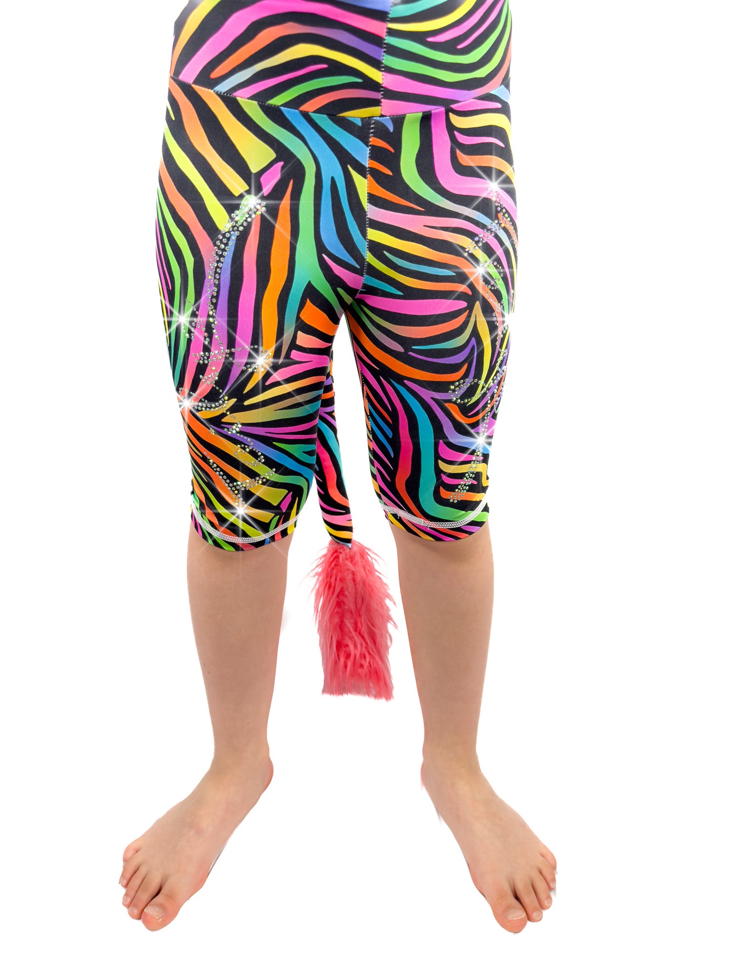 Front view of rhinestone Tailys kids shorts for girls rainbow zebra leggings tail pants.