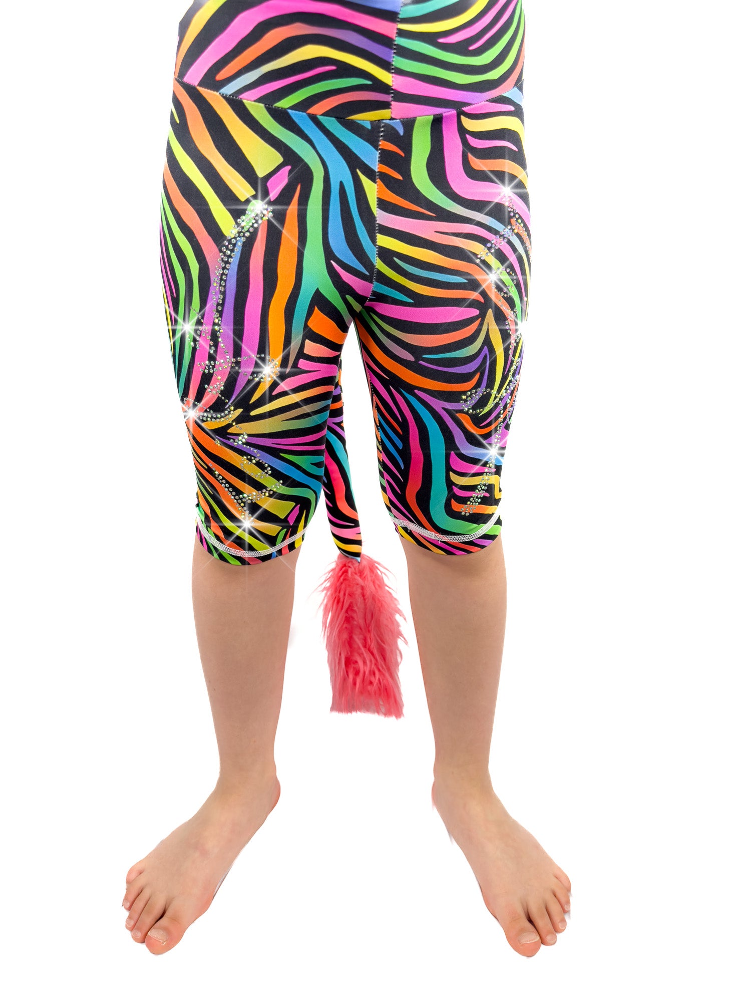 Front view of rhinestone Tailys kids shorts for girls rainbow zebra leggings tail pants.