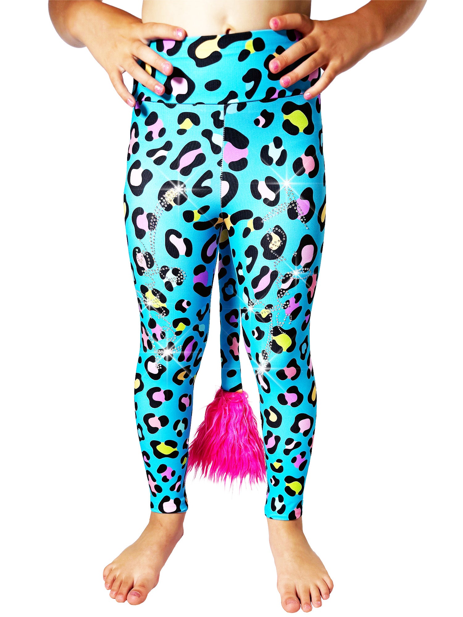 Front view of Blue Leopard Leggings Rhinestones Kids Tail Pants by Taily