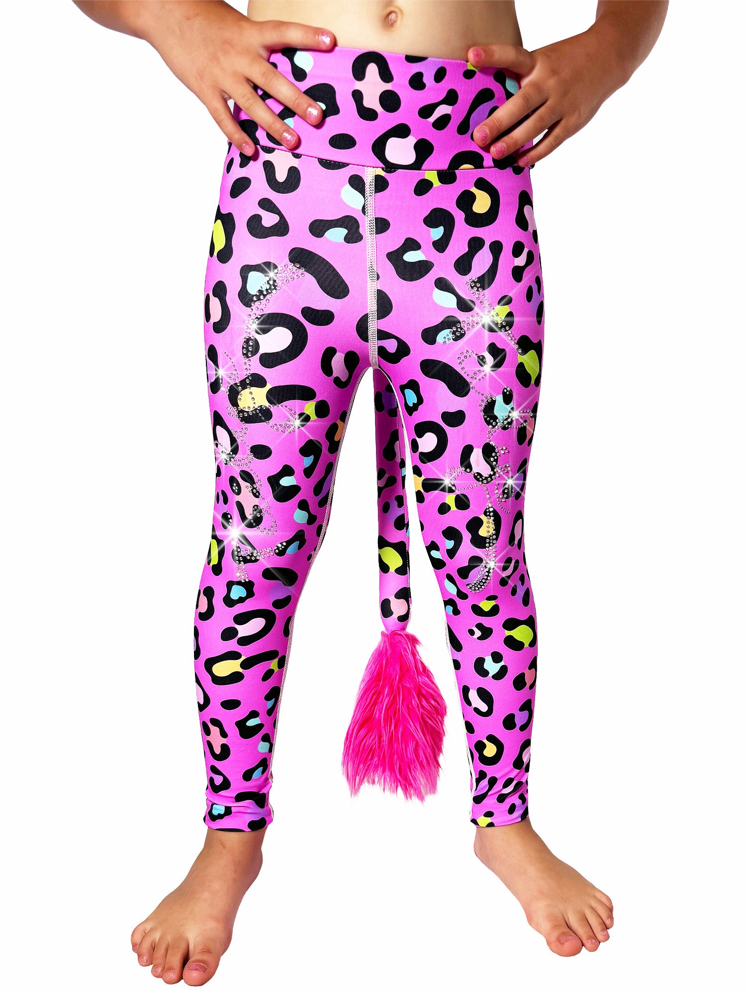Front view of Pink Leopard Leggings Rhinestones Tail Pants for Girls by Tailys.