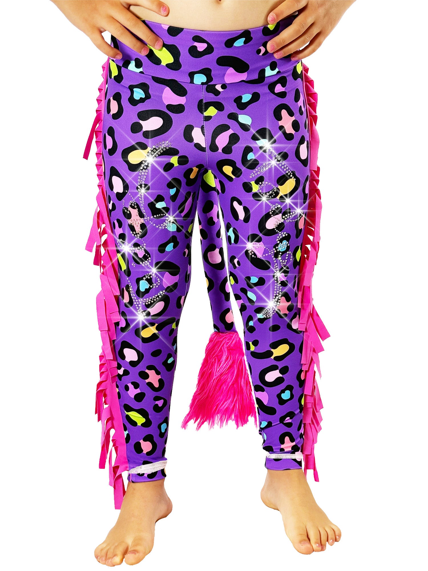 Front view of Purple Leopard Print Girls Pants with Frills, Tail and Rhinestones by Tailys.