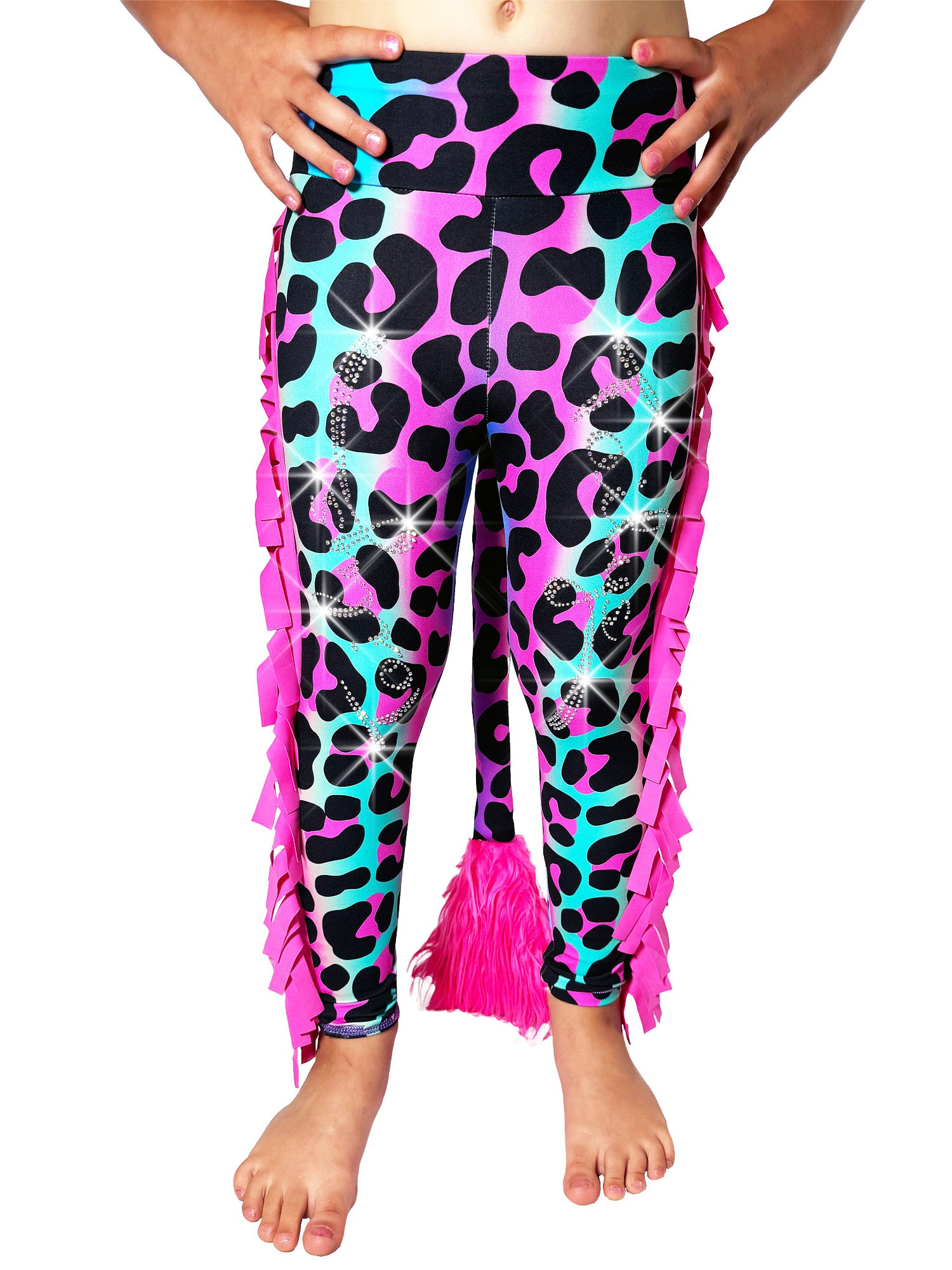 Front view of Rainbow Leopard print Leggings Tail Pants with Frills by Tailys.