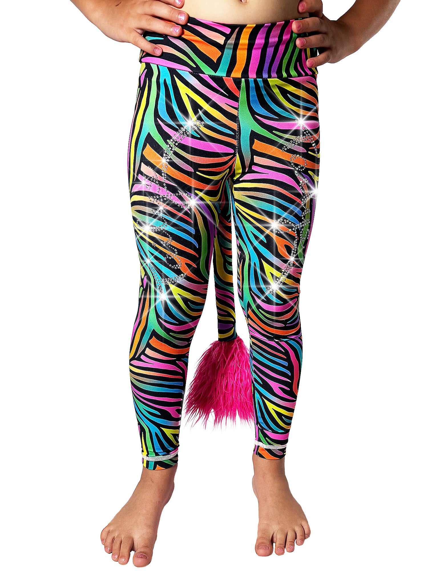 Front view of Rainbow Zebra Leggings Rhinestone tail pants by Tailys.