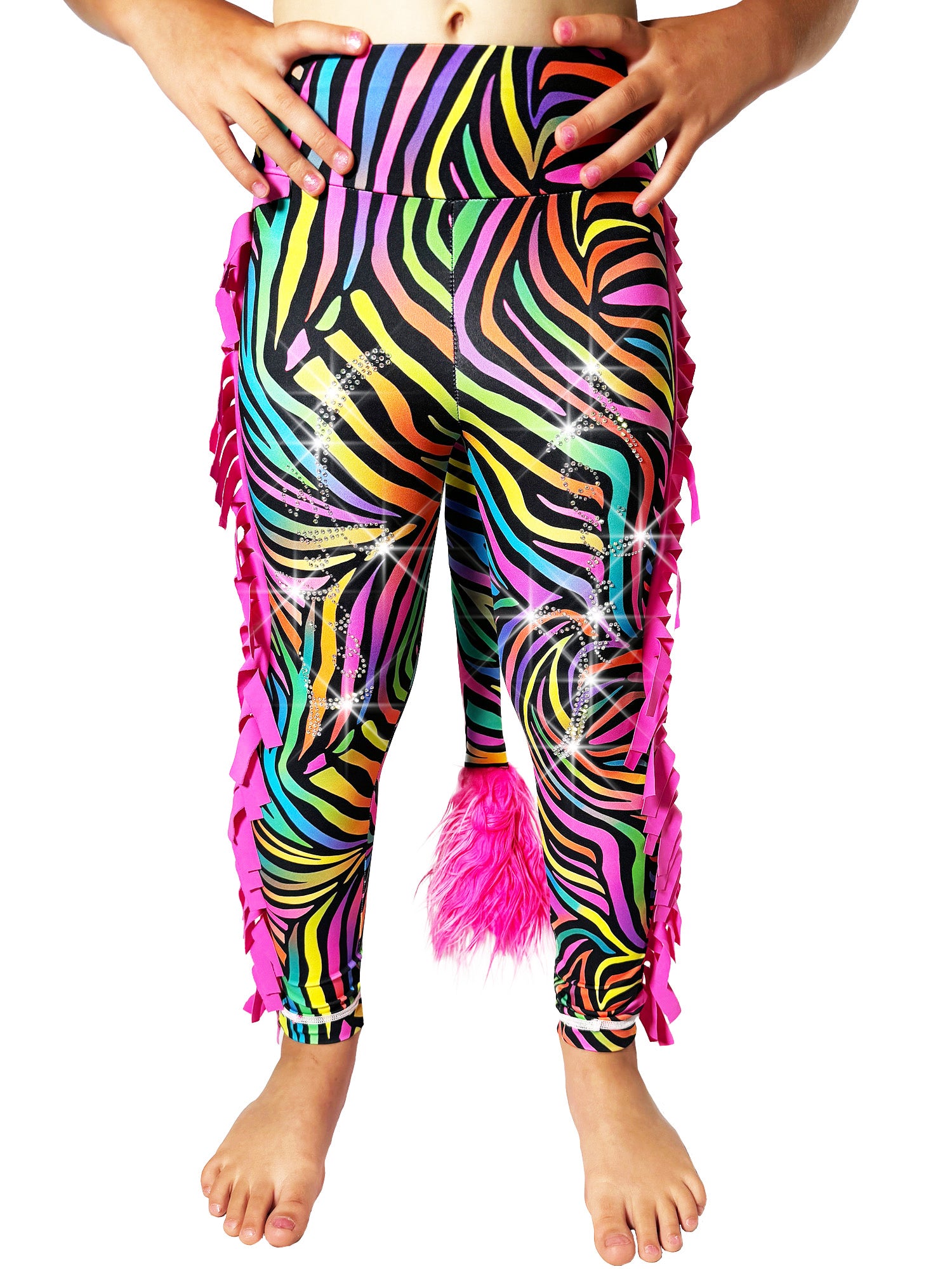 Front view of Rainbow Zebra Print Leggings Tail Pants with Ruffles by Tailys