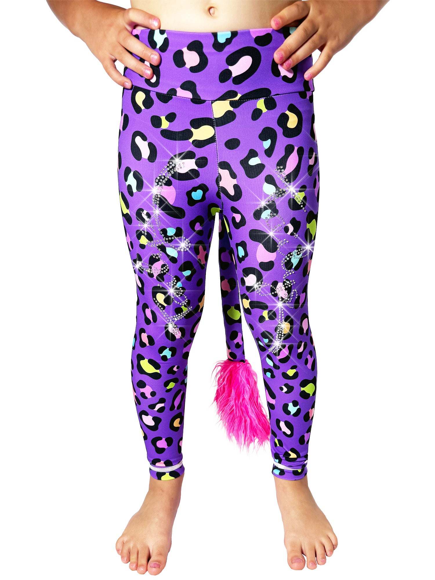 Front view of Tailys custom yoga pants leggings, purple leopard fabric, with a beautiful tail and sparkling rhinestone