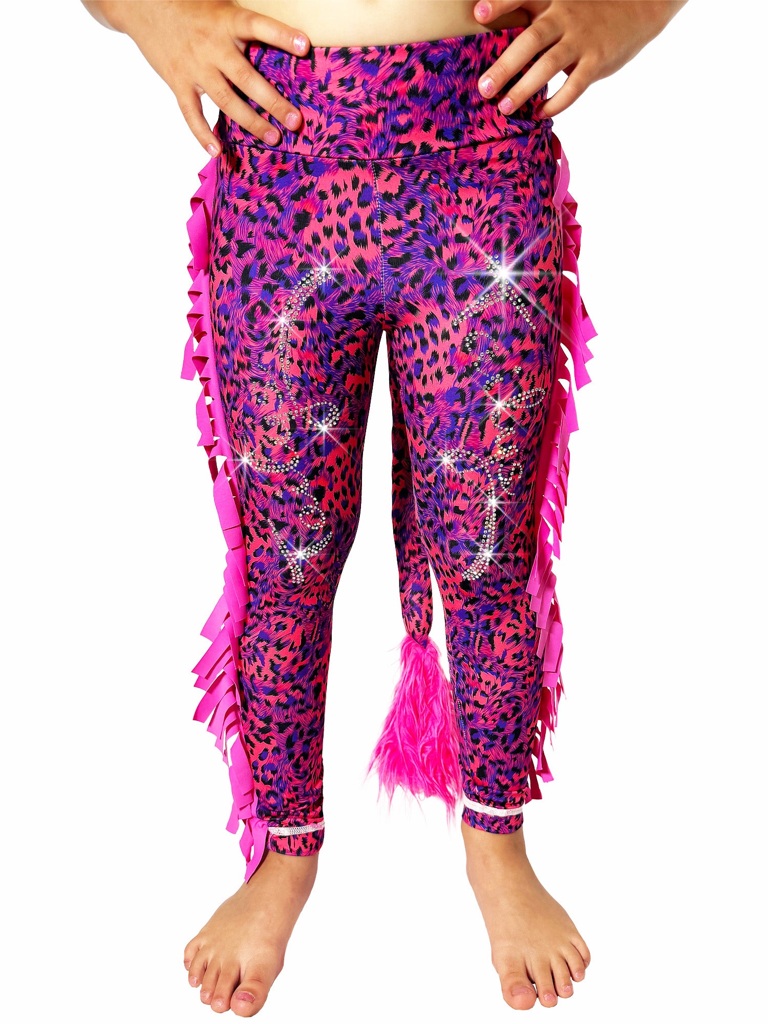 Front view of Red and Blue Leggings Leopard Print Tail Pants with Ruffles and rhinestones for girls by Tailys.