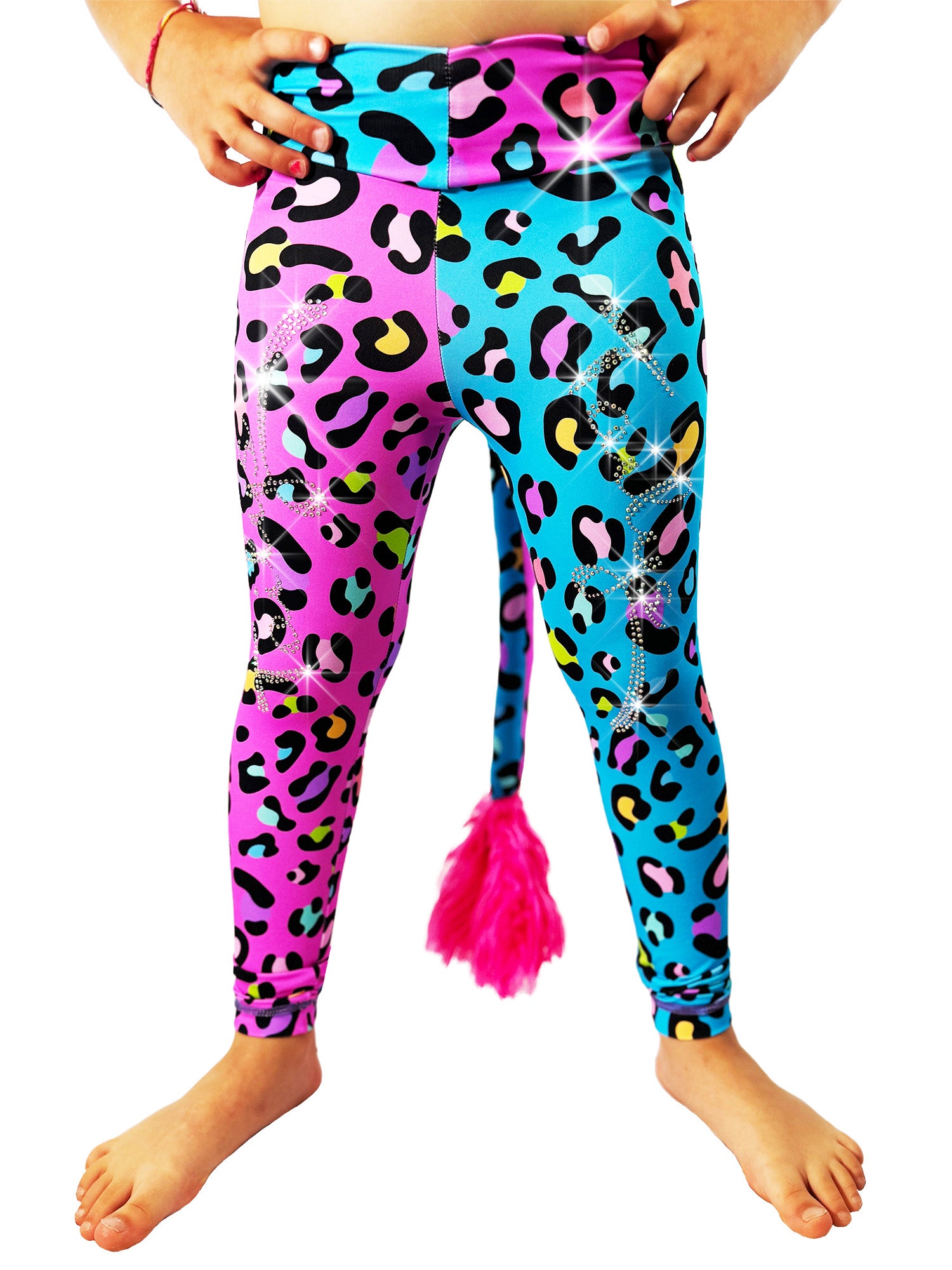 Front view of Two Tone Pants Girls with Tail Pink and Blue Cheetah leggings, with rhinestones