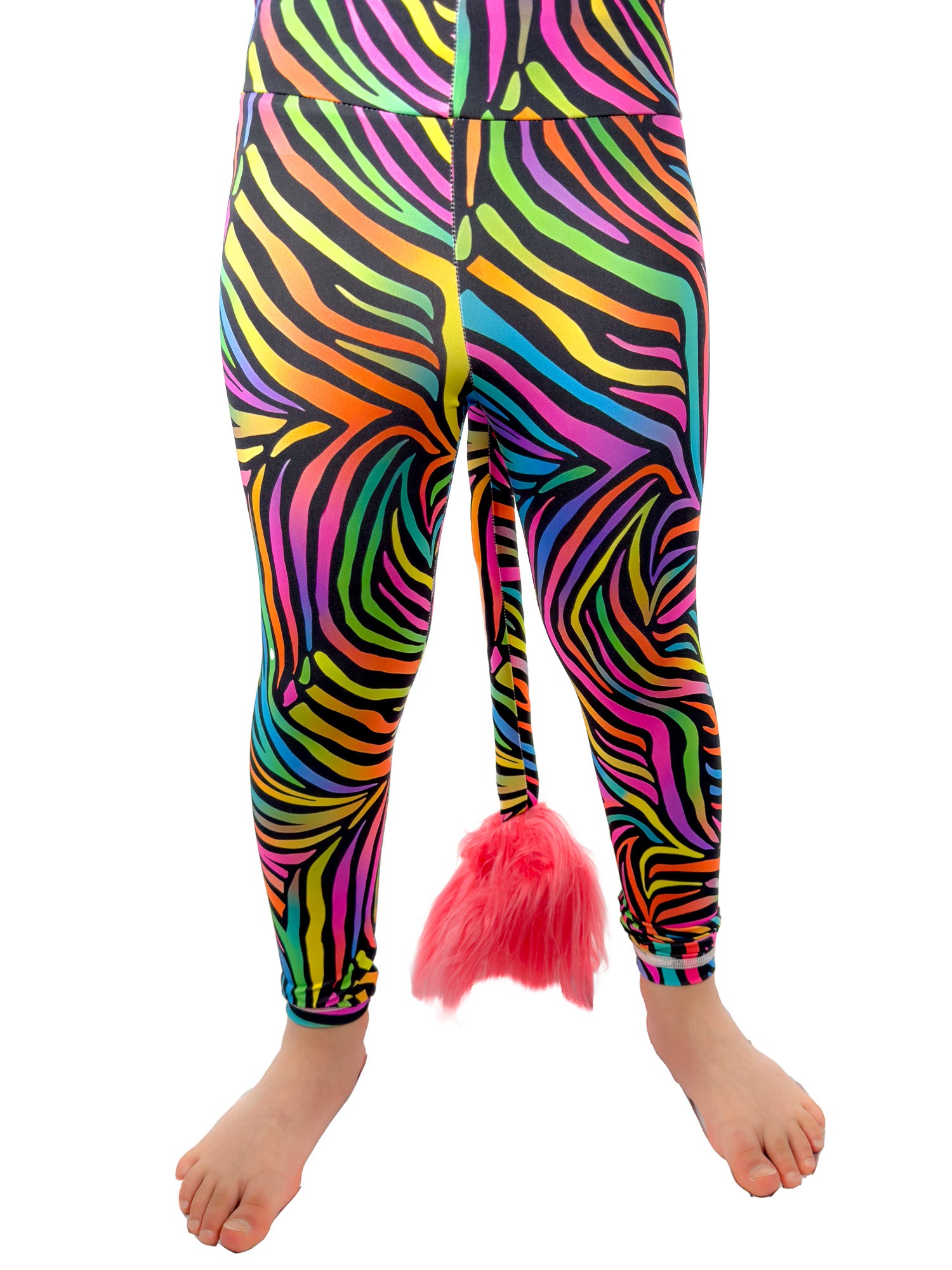 Front view of original rainbow zebra leggings with rhinestones girls tail pants.
