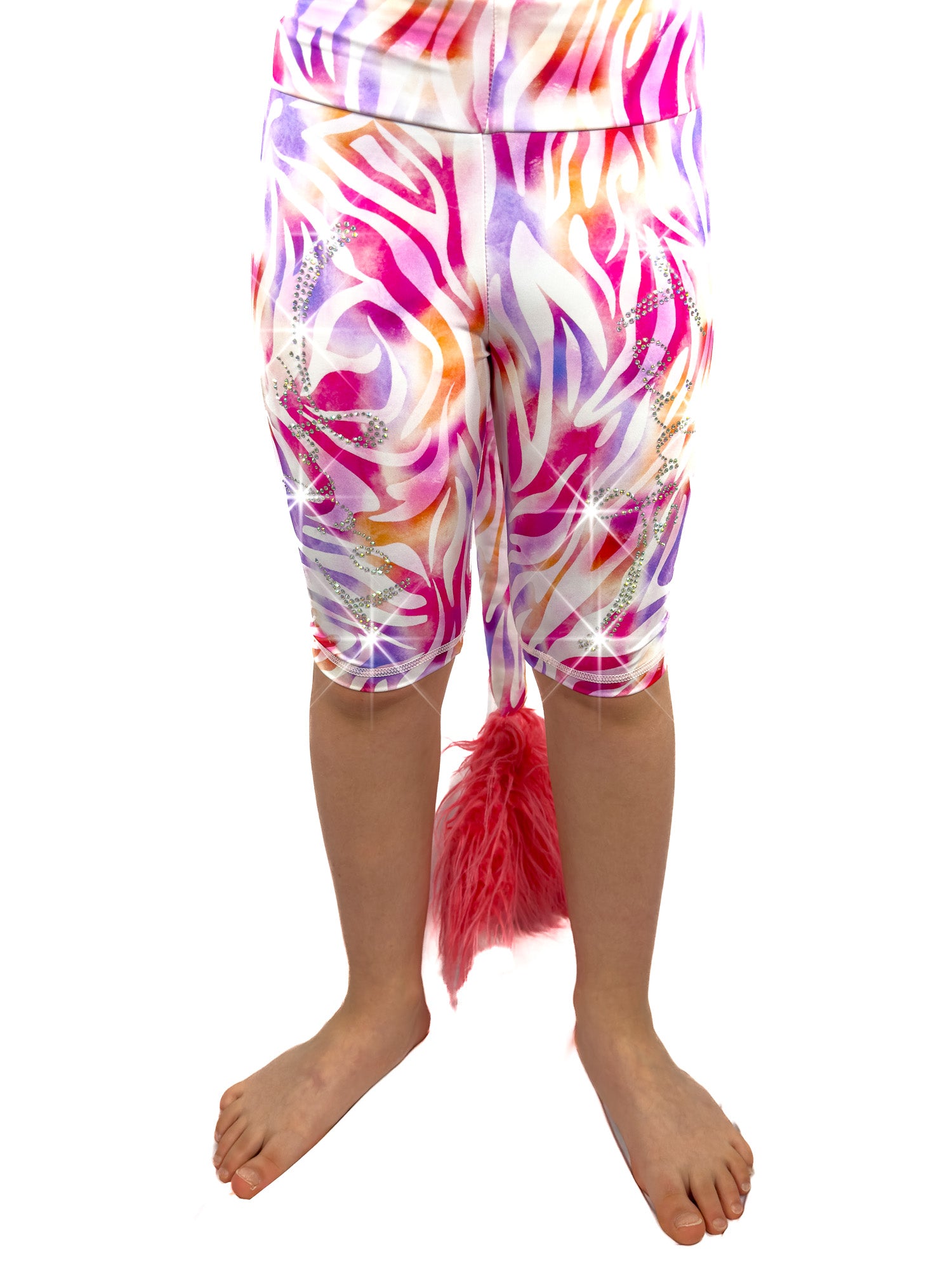 Front view of rhinestone pastel zebra shorts leggings with a tail by Tailys.