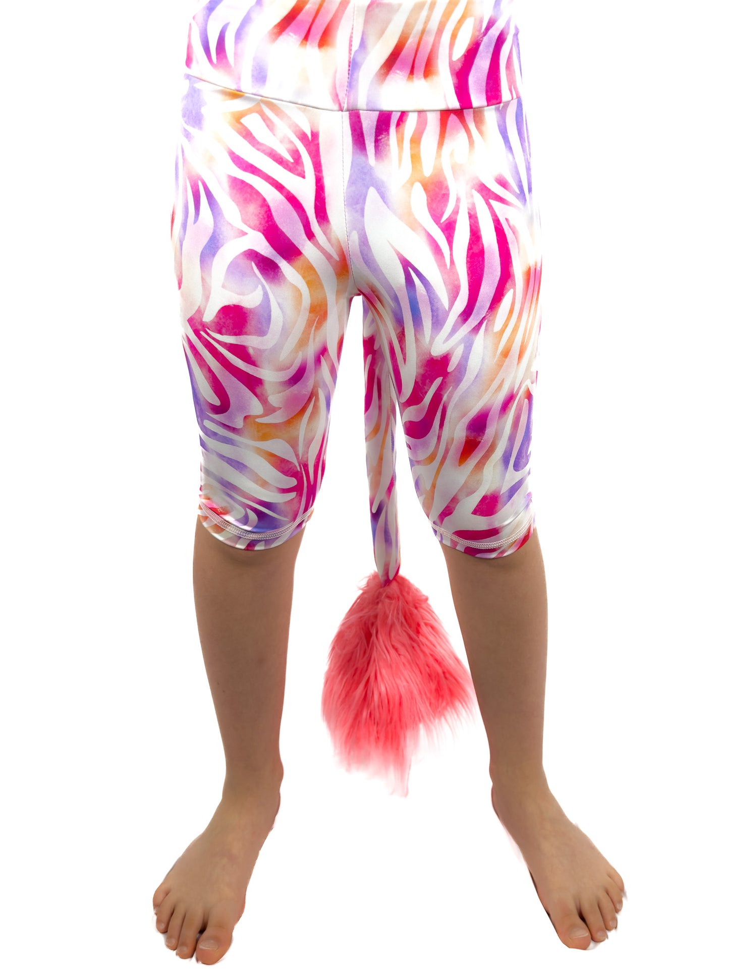 Front view of Tailys, girls shorts, pastel zebra leopard print leggings tail pants.