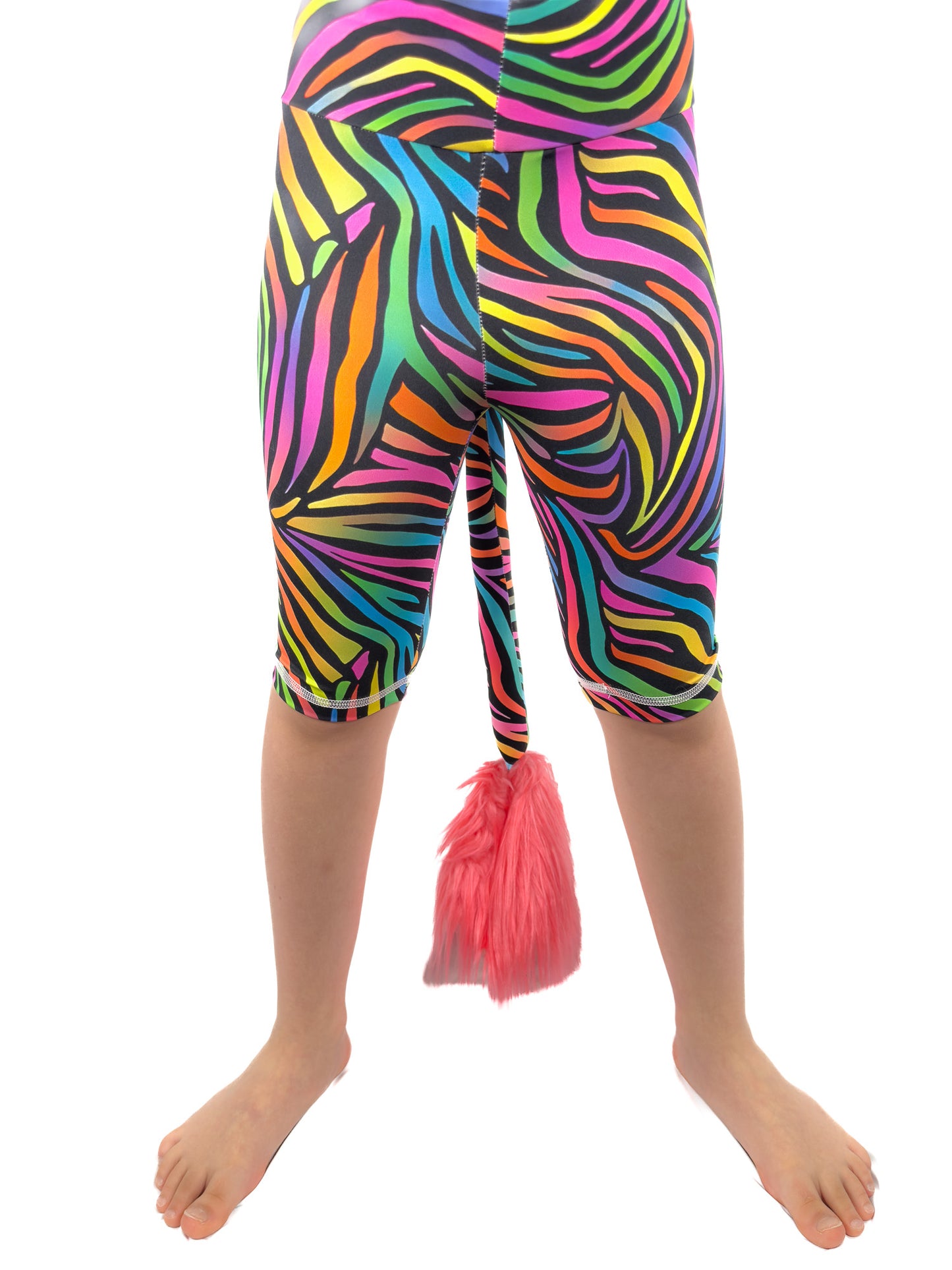 Front view of Tailys kids shorts for girls rainbow zebra leggings tail pants.