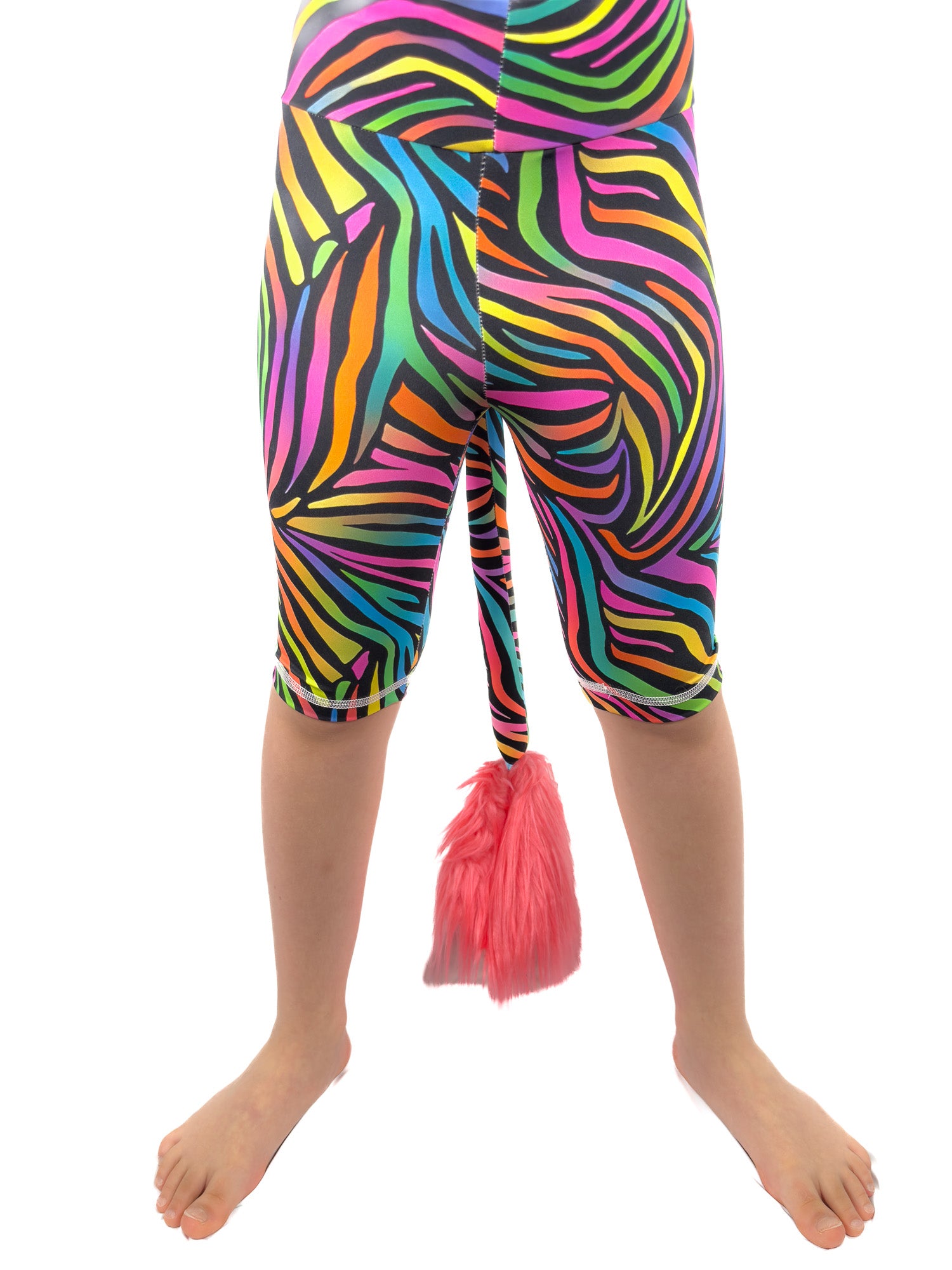 Front view of Tailys kids shorts for girls rainbow zebra leggings tail pants.