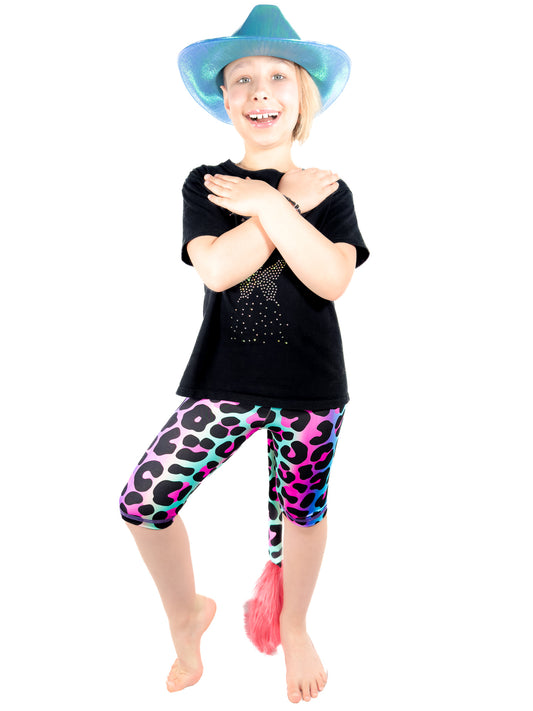 Girl with hat wearing Tailys shorts for girls rainbow leopard leggings tail pants.