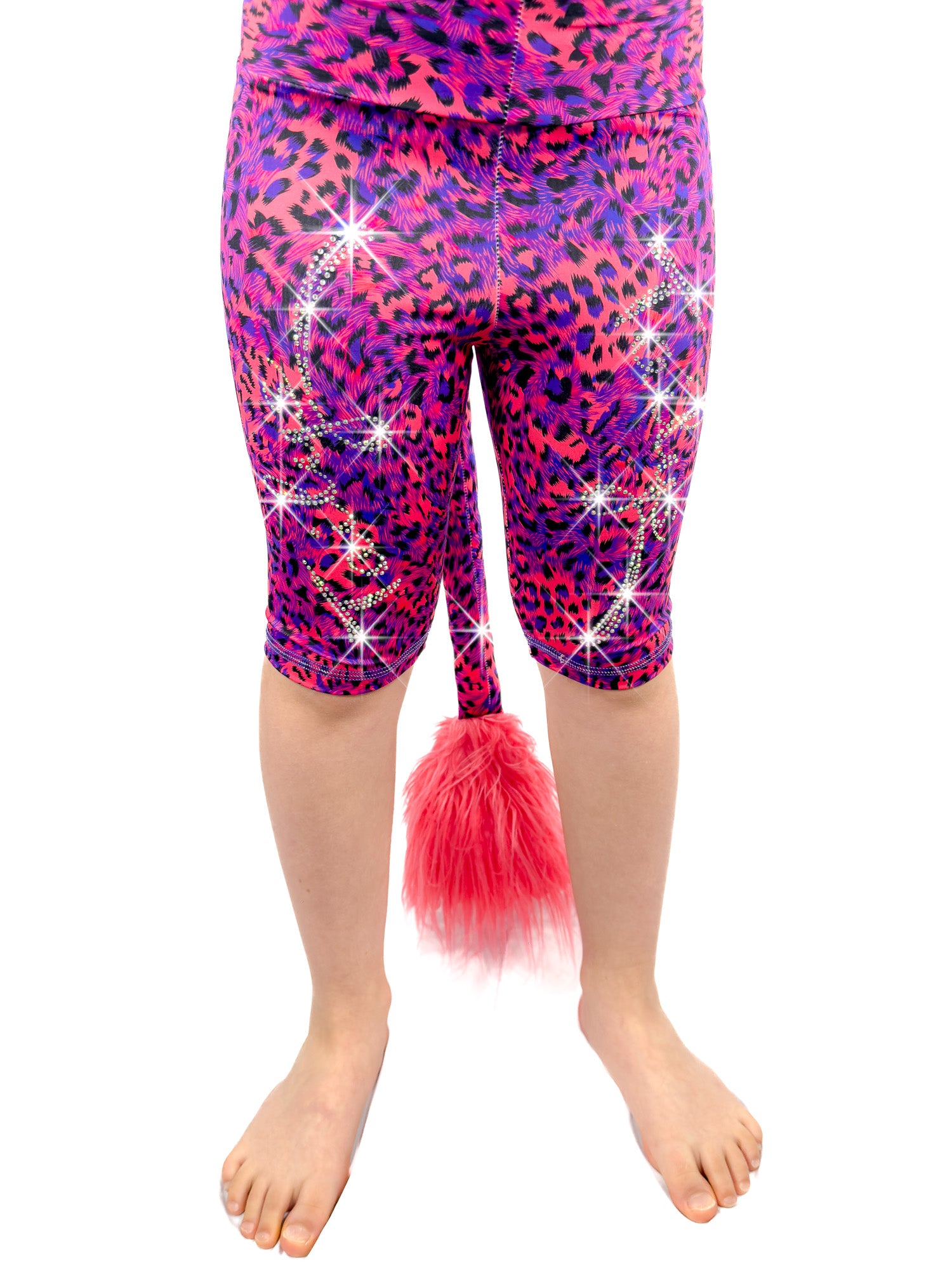 Front view of  blue and red leopard shorts, leggings with sparkly rhinestones and a tail.