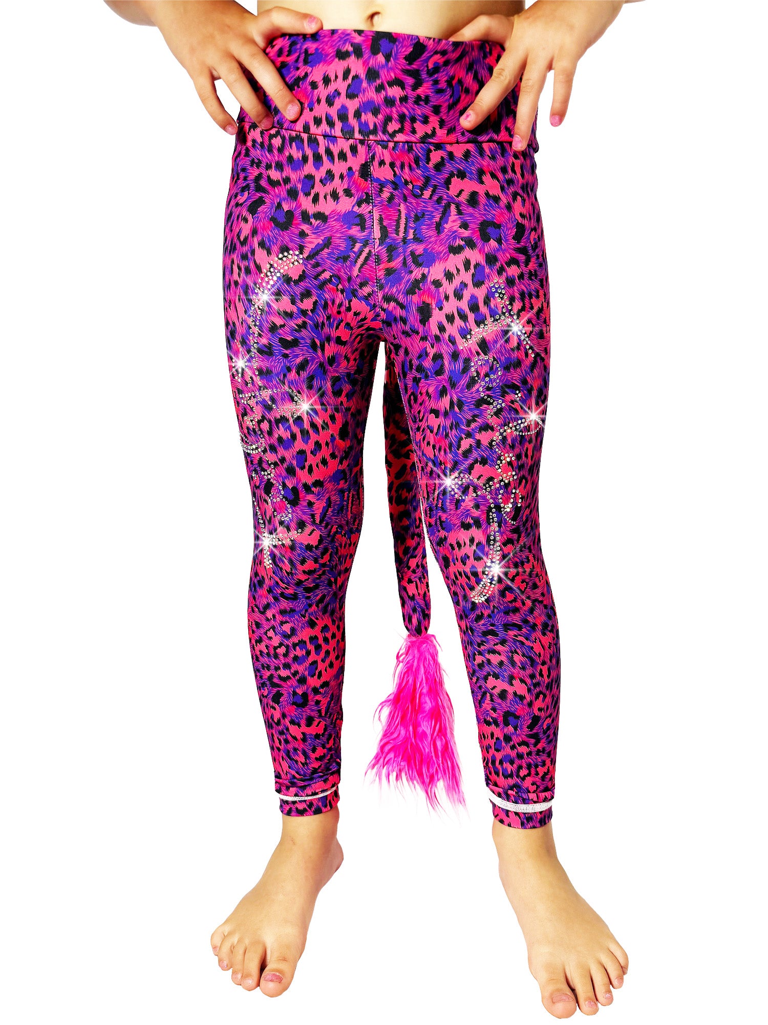 Front view of Blue and Red Leggings Leopard Print Tail Pants rhinestones by Tailys