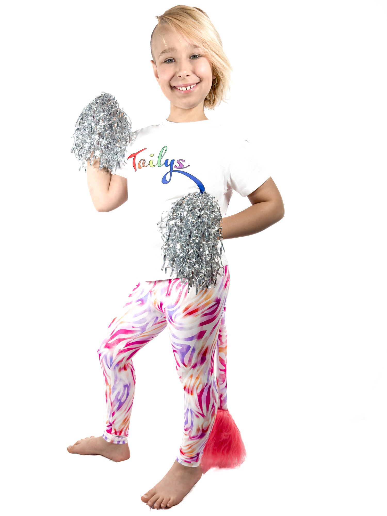 Girl with pom-poms, swearing pastel  zebra print leggings shorts for girls with tail.