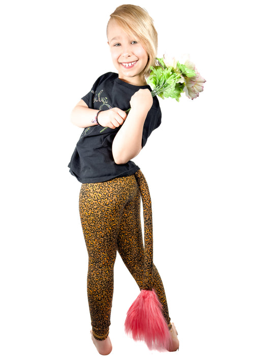 Full view of original brown, cheetah leggings with rhinestones girls tail pants.