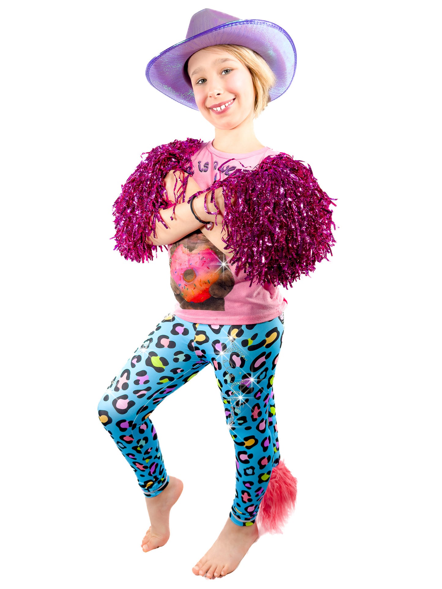 Full view of Blue Leopard Leggings Rhinestones Kids Tail Pants by Tailys.