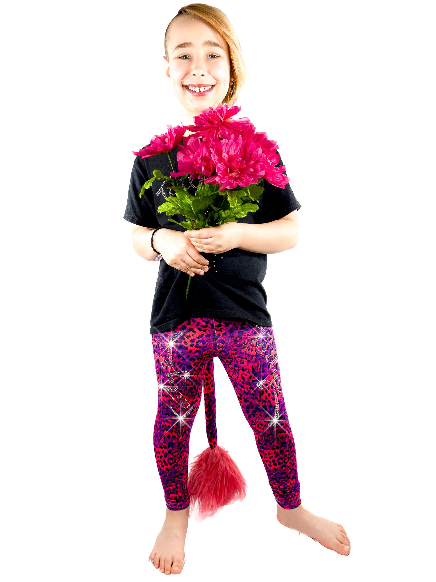 Girl with flowers wearing Blue and Red Leggings Leopard Print Tail Pants rhinestones by Tailys.