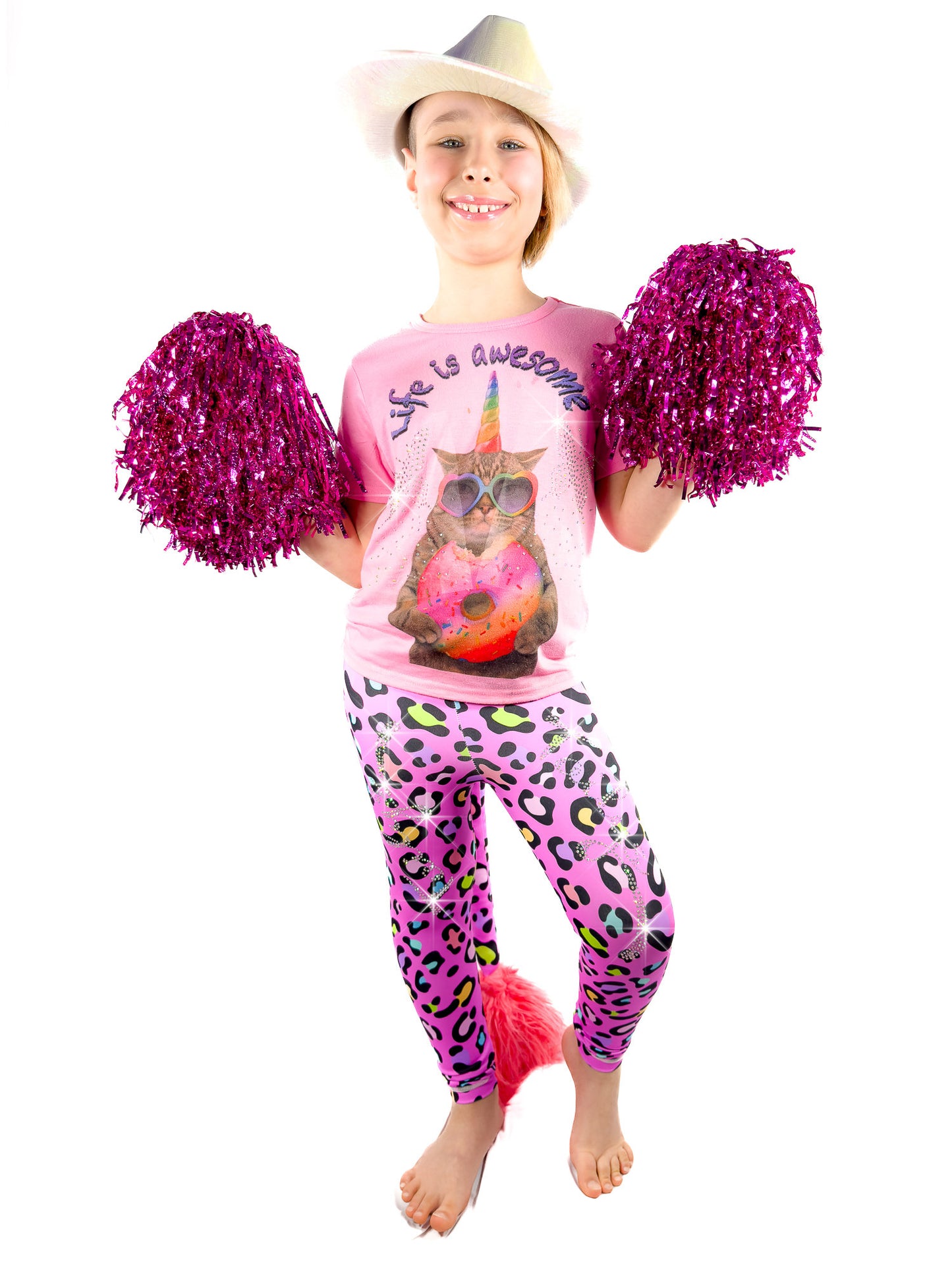 Girl  with pom-poms wearing Pink Leopard Leggings Rhinestones Tail Pants for Girls by Tailys.