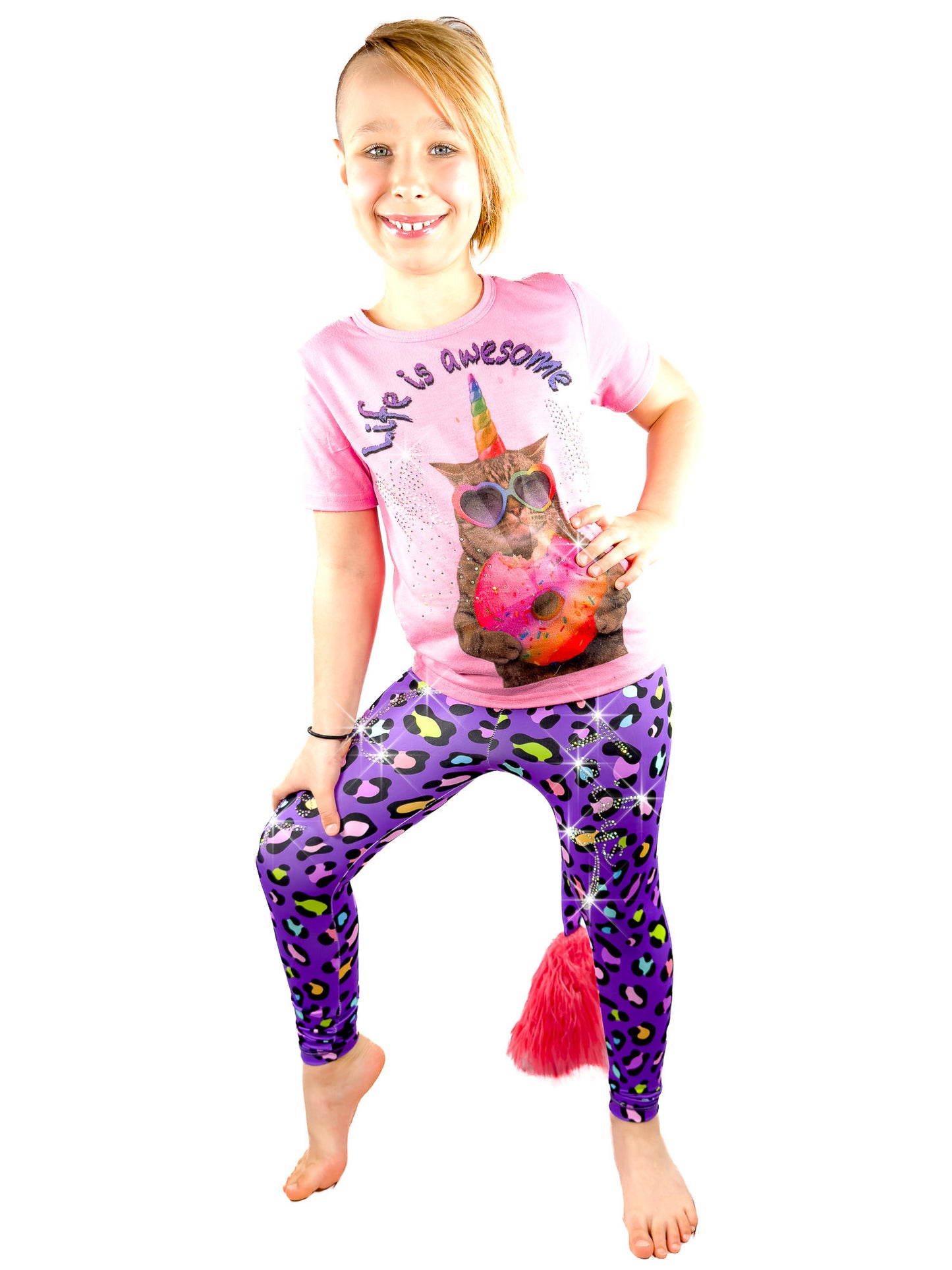 Girl wearing purple leopard Leggings, rhinestones tail pants by Tailys.