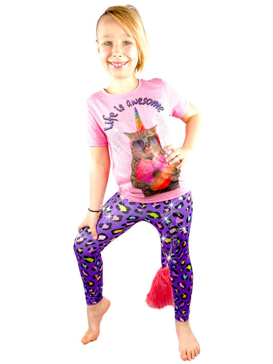 Girl wearing purple leopard Leggings, rhinestones tail pants by Tailys.