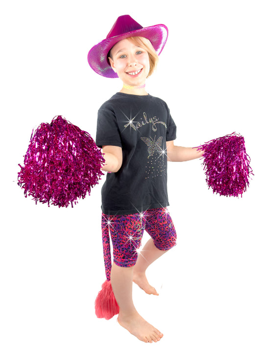 Girl wearing blue and red leopard shorts, leggings with sparkly rhinestones and a tail.