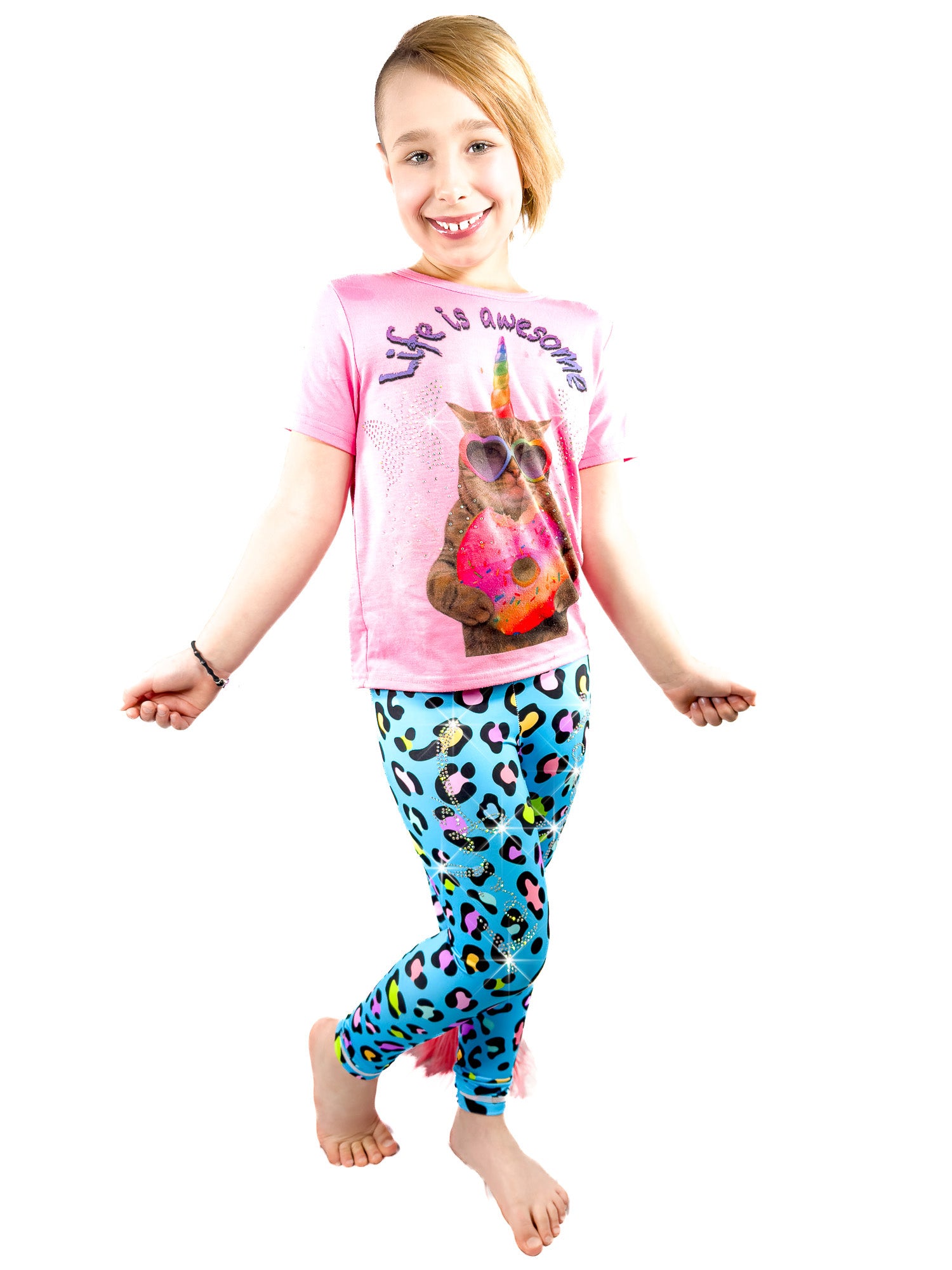 Girl wearing Blue Leopard Leggings Rhinestones Kids Tail Pants by Tailys