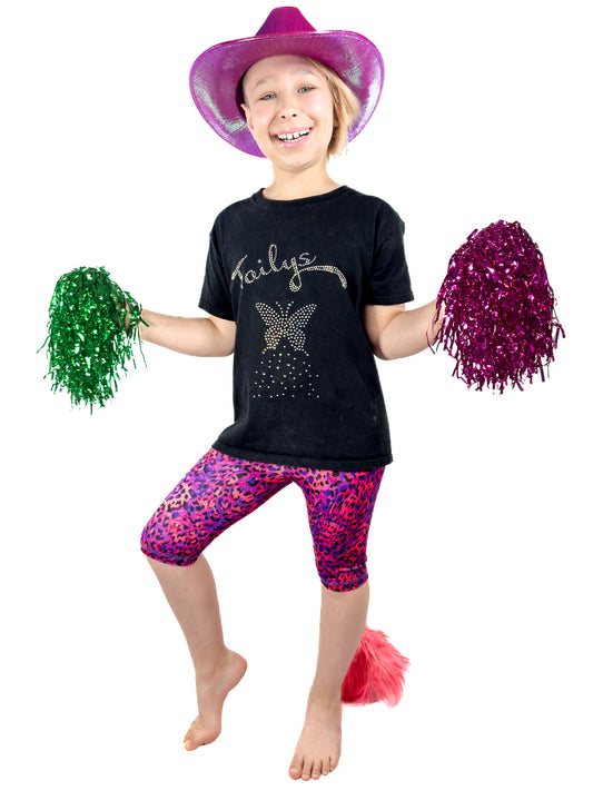 Girl with pom-poms wearing Tailys, girls shorts, blue red leopard print leggings tail pants.
