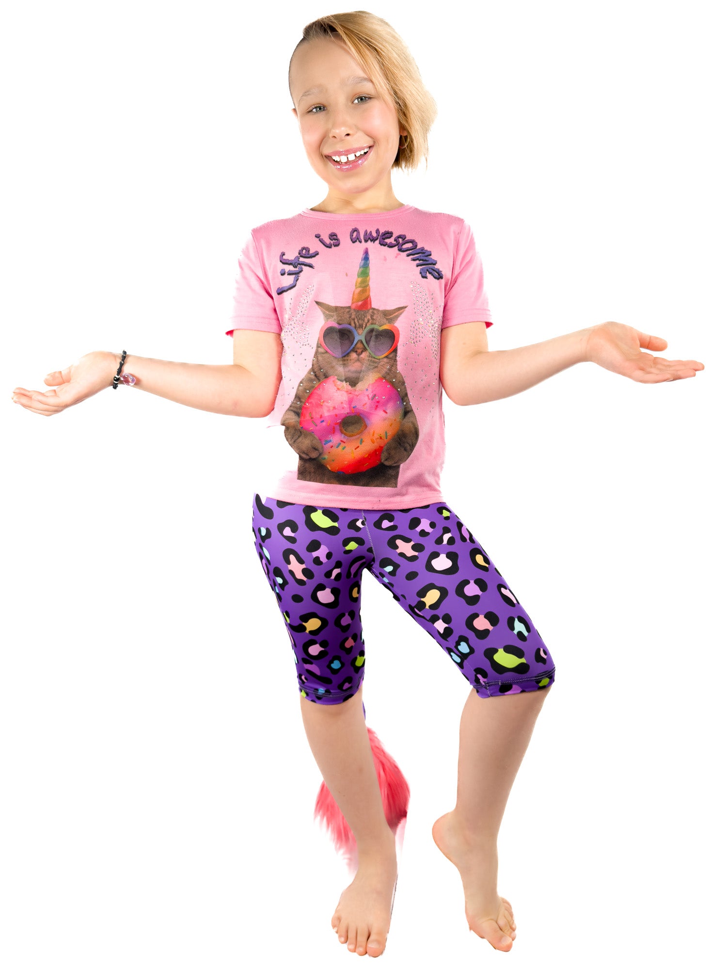 Full view of Tailys cute shorts for girls purple leopard print leggings tail pants.