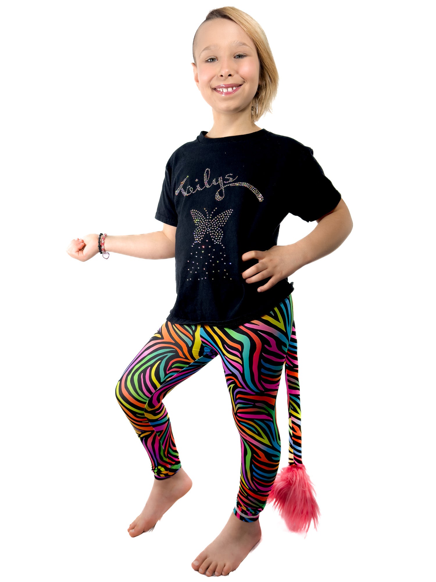 Full front view of original rainbow zebra leggings with rhinestones girls tail pants.