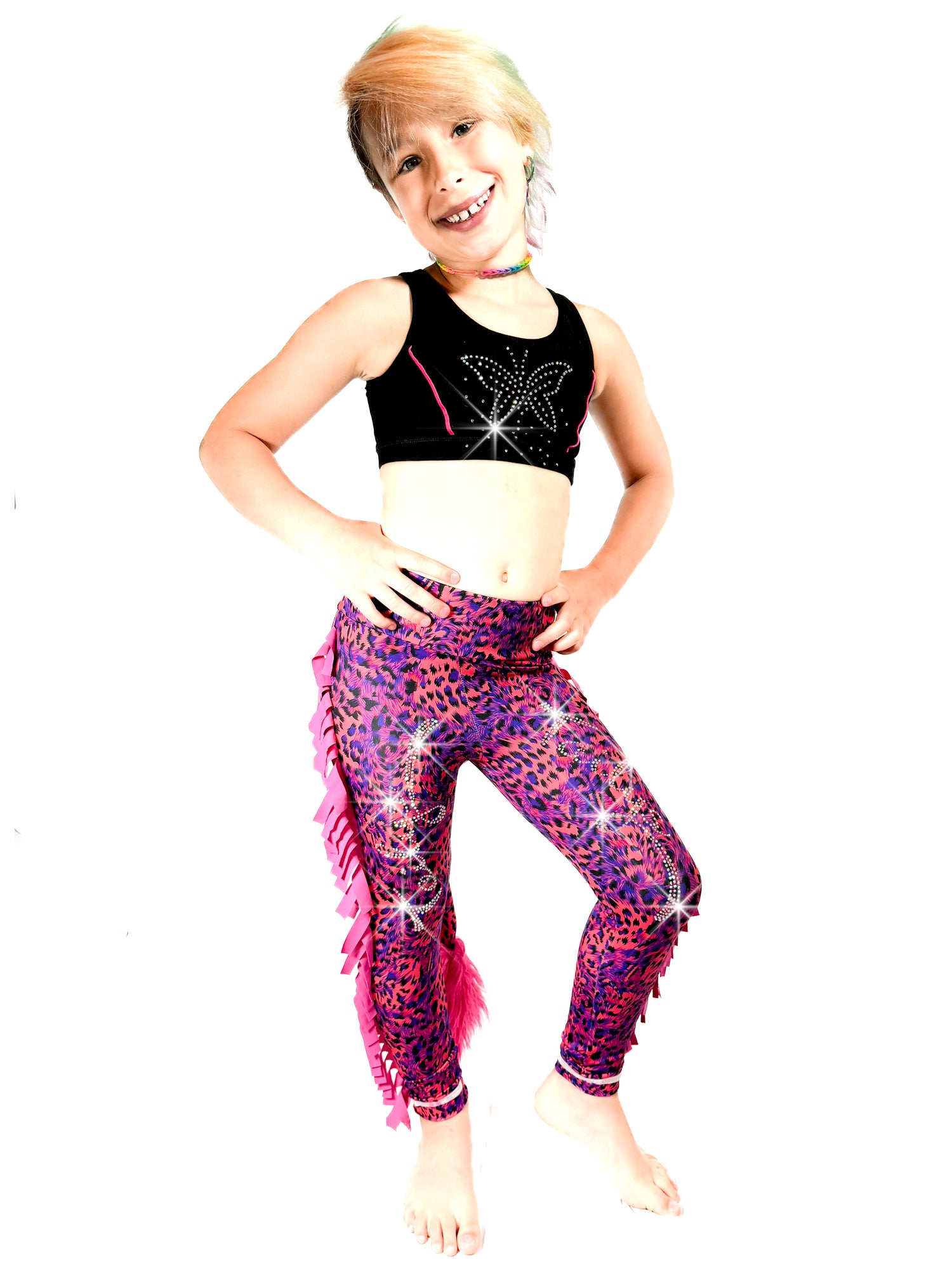 Girl wearing Red and Blue Leggings Leopard Print Tail Pants with Ruffles and rhinestones for girls by Tailys.
