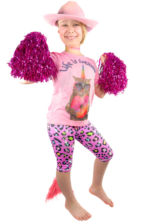 Girl wearing Tailys sparkly rhinestone shorts for girls leopard print pink leggings tail pants.