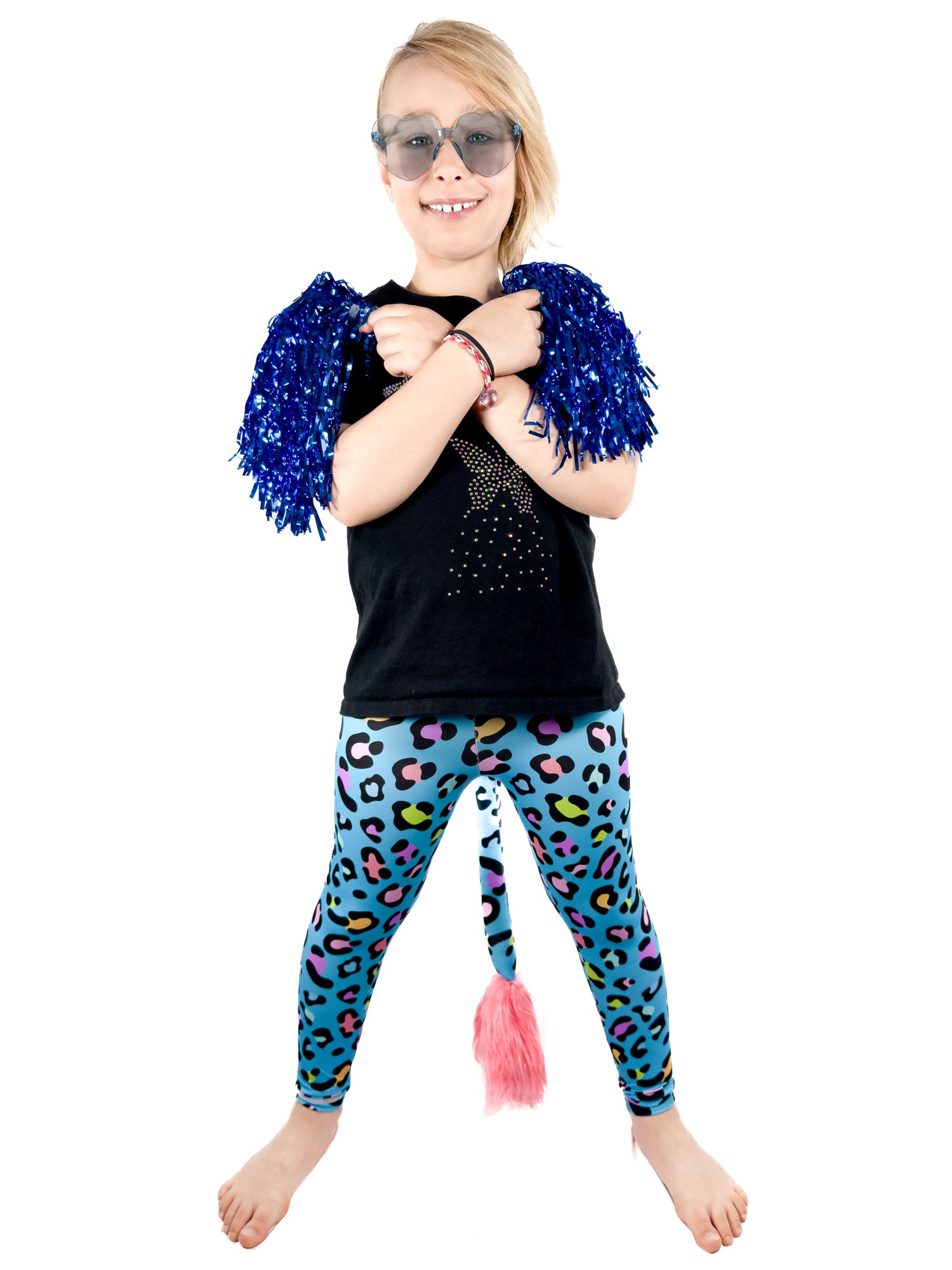 Girl wearing original blue leggings leopard print tail pants by Tailys girls
