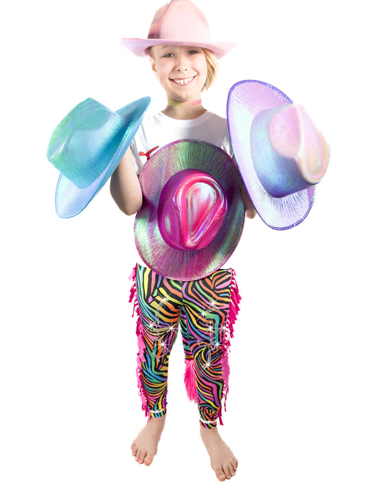 Girl with hats wearing Rainbow Zebra Print Leggings Tail Pants with Ruffles by Tailys.