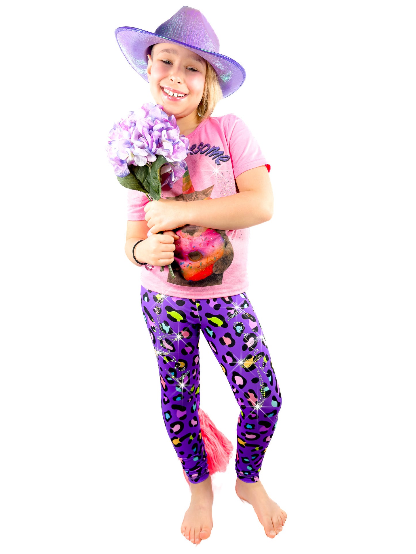 Girl with hat in purple leopard Leggings, rhinestones tail pants by Tailys.