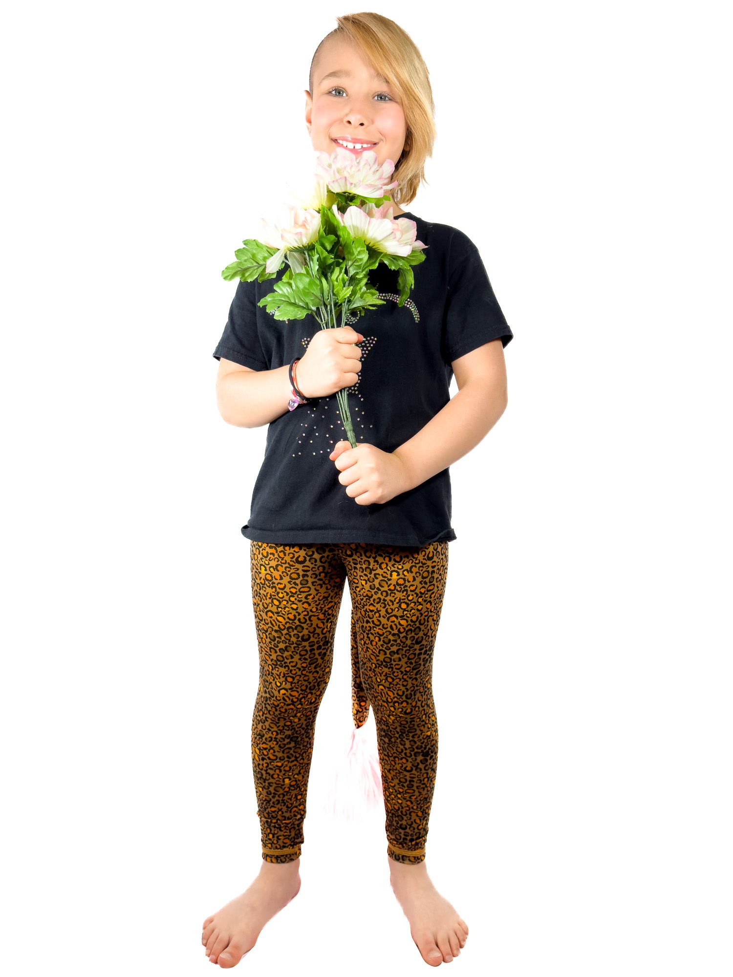 Full front View of original brown, cheetah leggings with rhinestones girls tail pants.