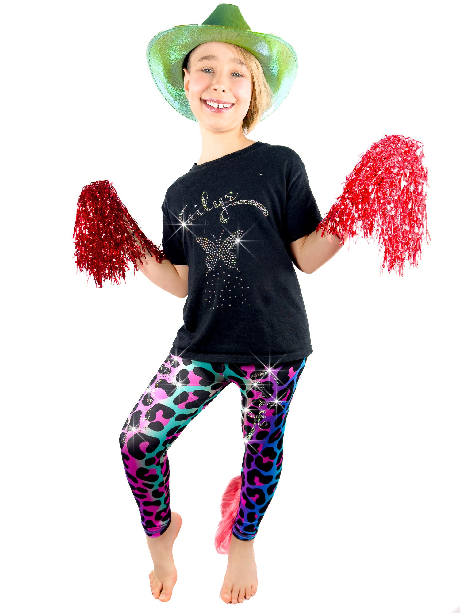 Girl with green hat wearing Rainbow Leopard Leggings Rhinestone Tail Pants by Tailys.