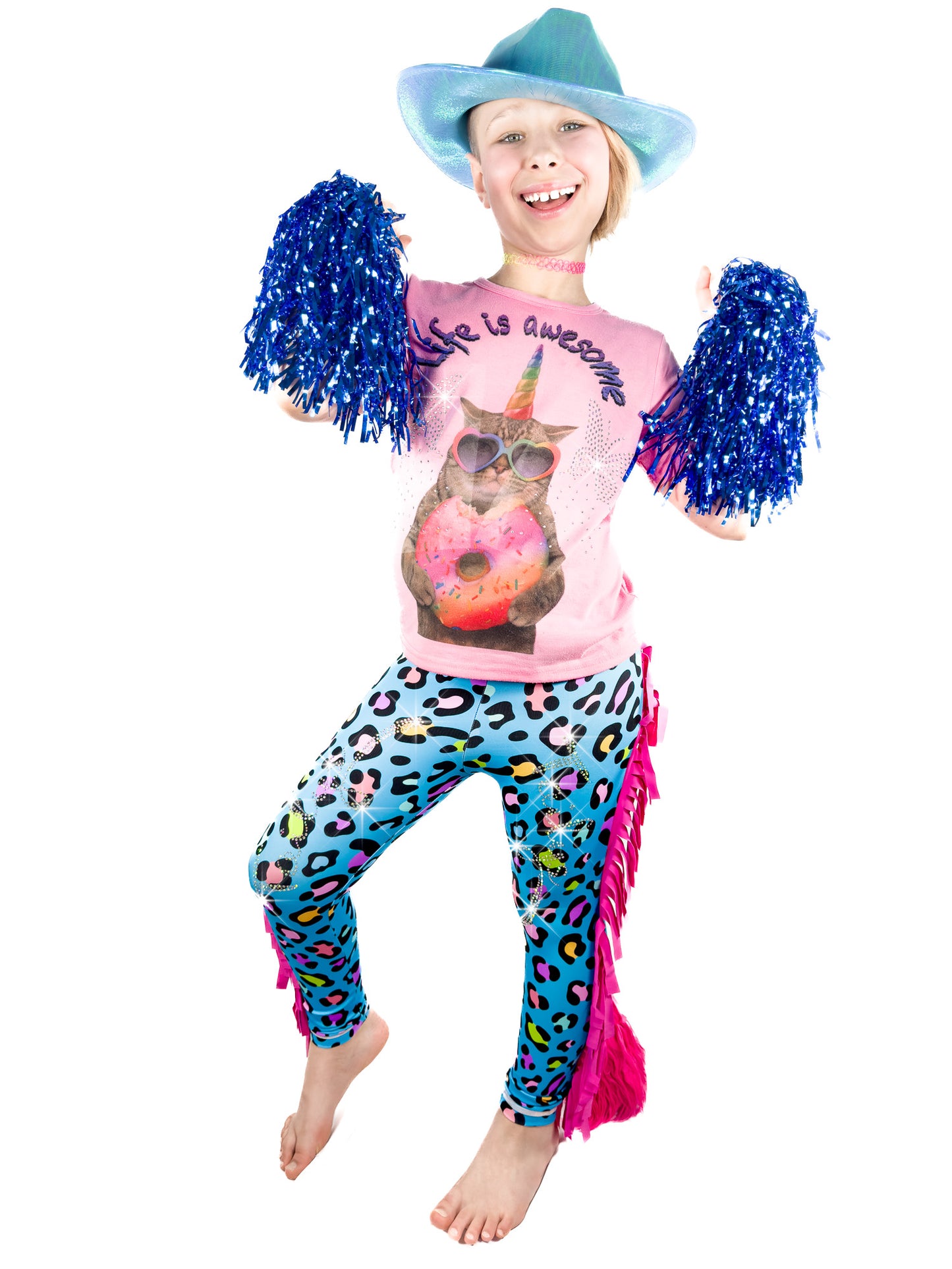 Girl with pom poms inBlue Frill Pants Girls Leggins with Tail by Tailys.