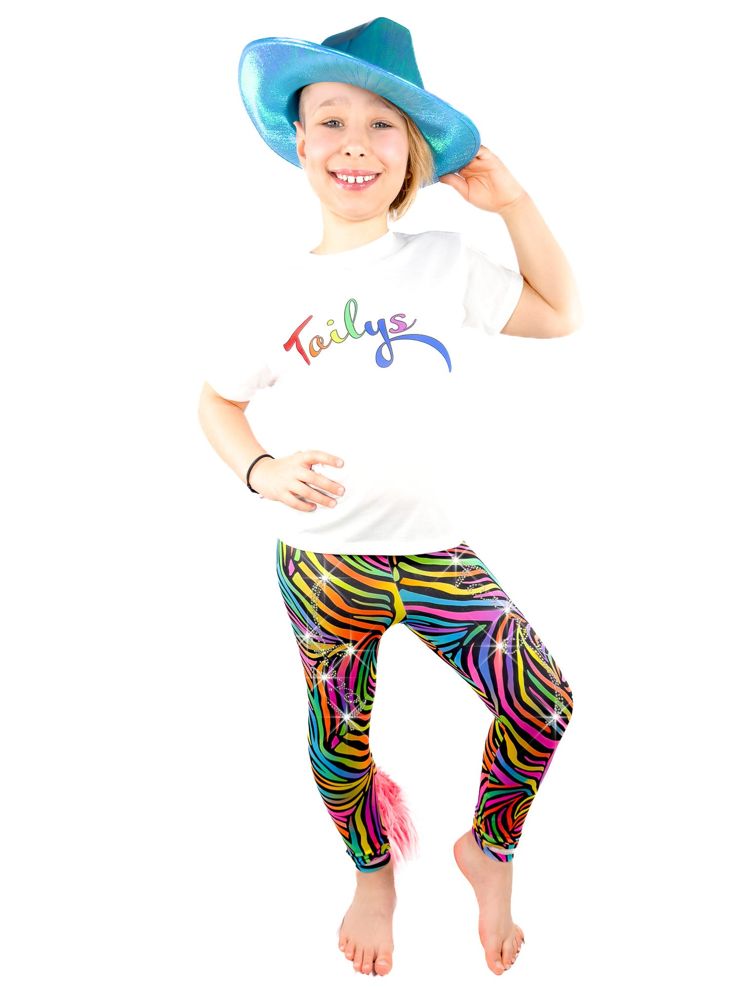 Girl the blue hat wearing Rainbow Zebra Leggings Rhinestone tail pants by Tailys.