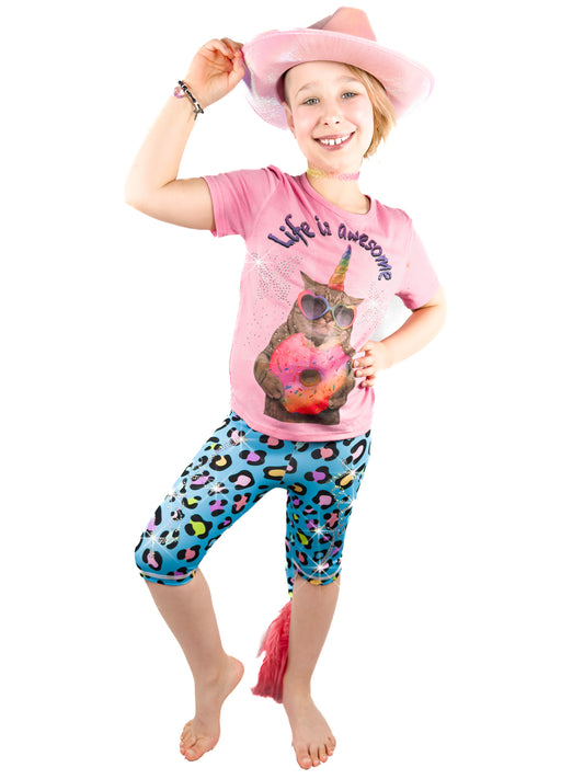 Girl wearing Tailys rhinestone shorts for girls blue leopard print leggings tail pants.