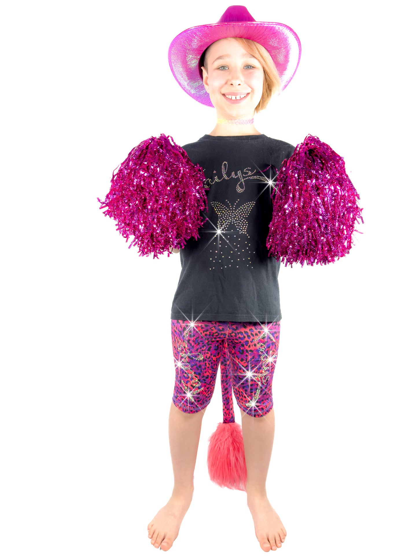Girl with pom-poms wearing blue and red leopard shorts, leggings with sparkly rhinestones and a tail.
